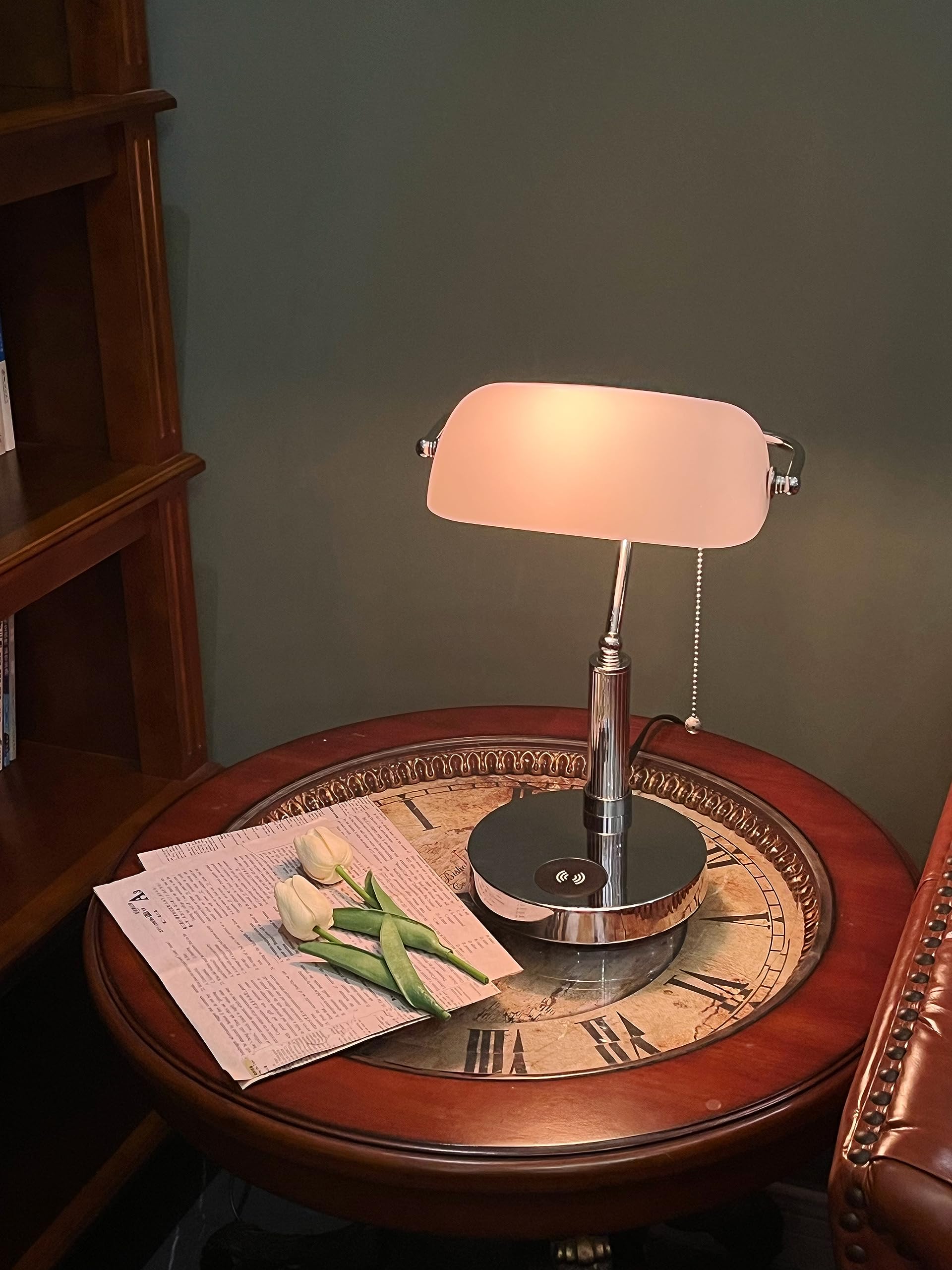 FIRVRE Lampa biurkowa z białego szkła z bezprzewodową ładowarką i portem USB, lampa stołowa z przełącznikiem łańcuchowym do bibliotek, gabinetów i sypialni