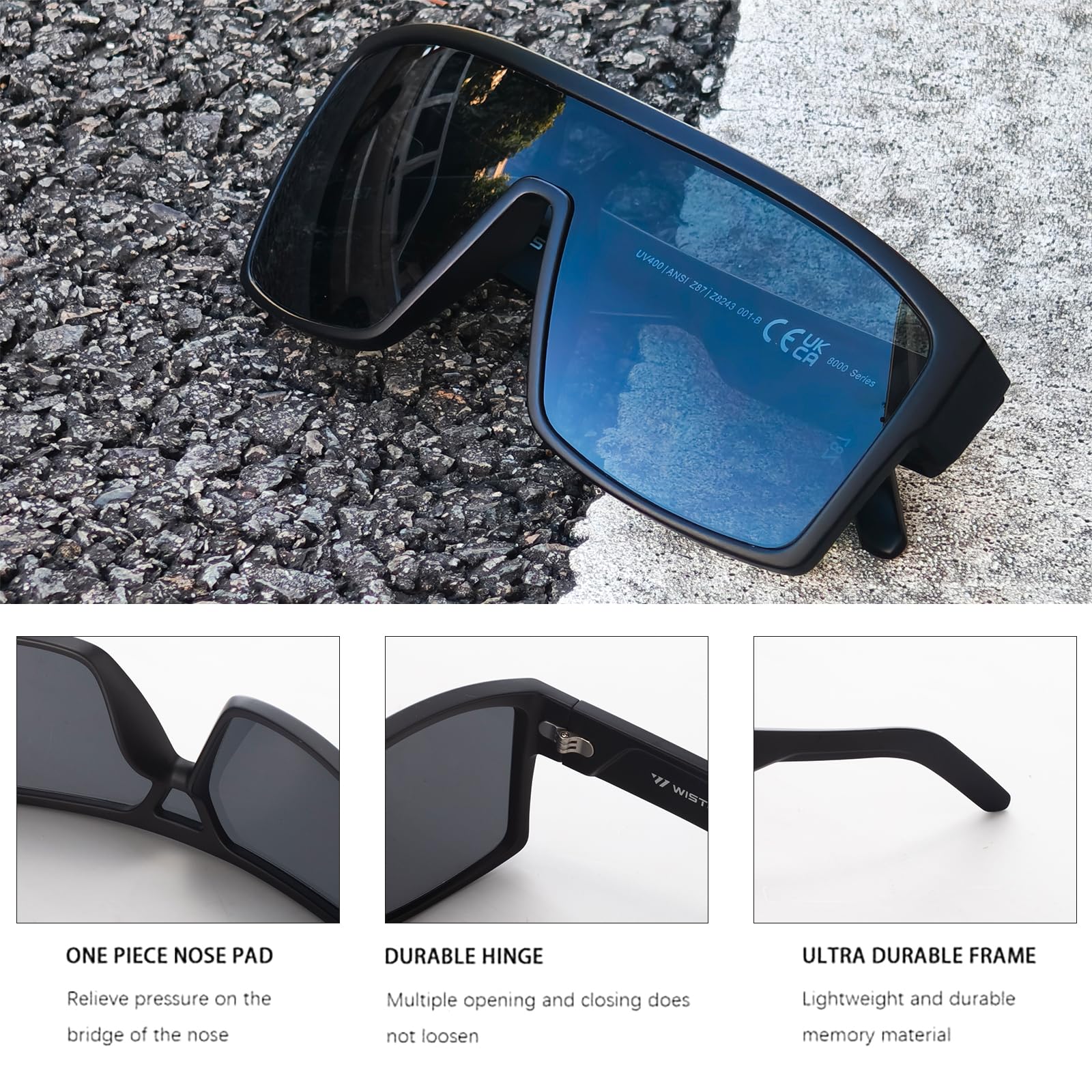 WISTON XL Z8243 okulary przeciwsłoneczne Z87 dla mężczyzn i kobiet, ochrona UV400, oprawka TR90, duże dopasowanie, prostokątne osłony ochronne dla dużych głów