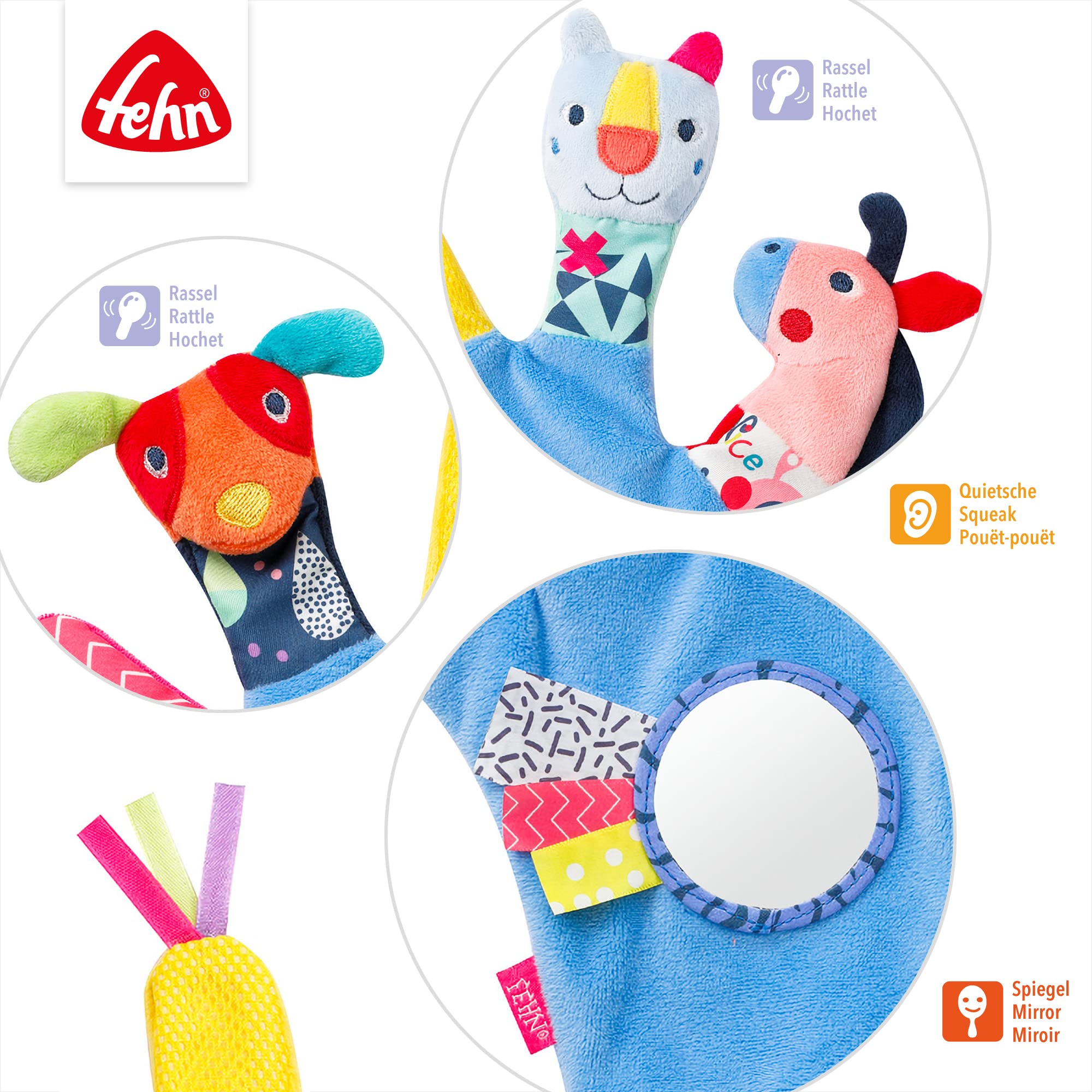 Fehn Rękawica do zabawy Color Friends – lalki na palce dla niemowląt, zabawka dla psa, kota i konia do chwytania i wydawania dźwięków – lalki dla dzieci od 0+ miesięcy - rękawica dla lalek z