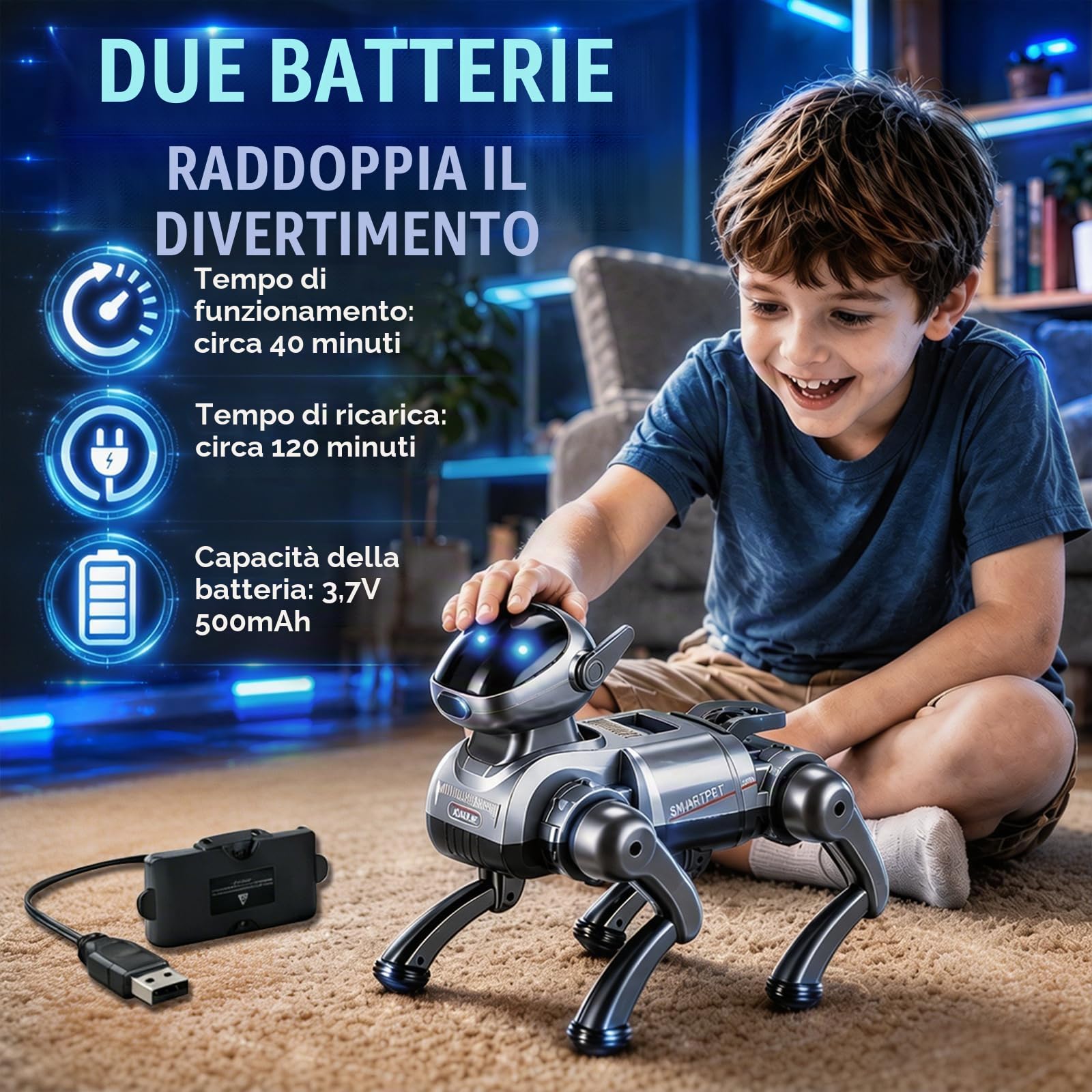 Cane Robot Giocattolo con Telecomando 2.4G, 25 Funzioni Interattive (AI, Voce, Programmazione), Occhi LED Dinamici ed Effetto Nebbia, 2 Batterie, Giocattolo Cane Robot Ricaricabile