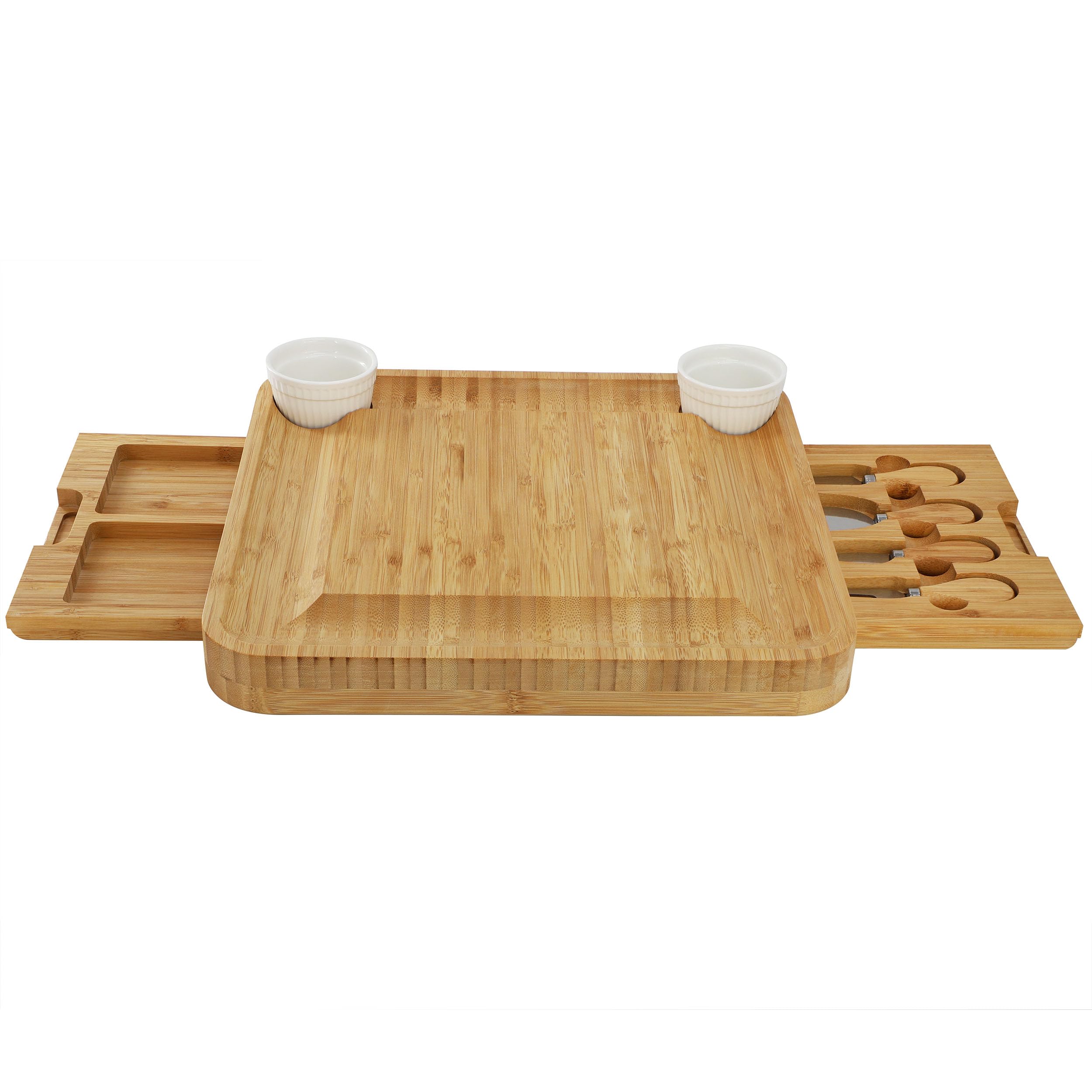 Elama Bamboo Wood Charcuterie Cheese Board Serving Set with Ramekins, Rustic Serving Tray for Parties, Holidays & Entertaining (7 Piece with Storage)
