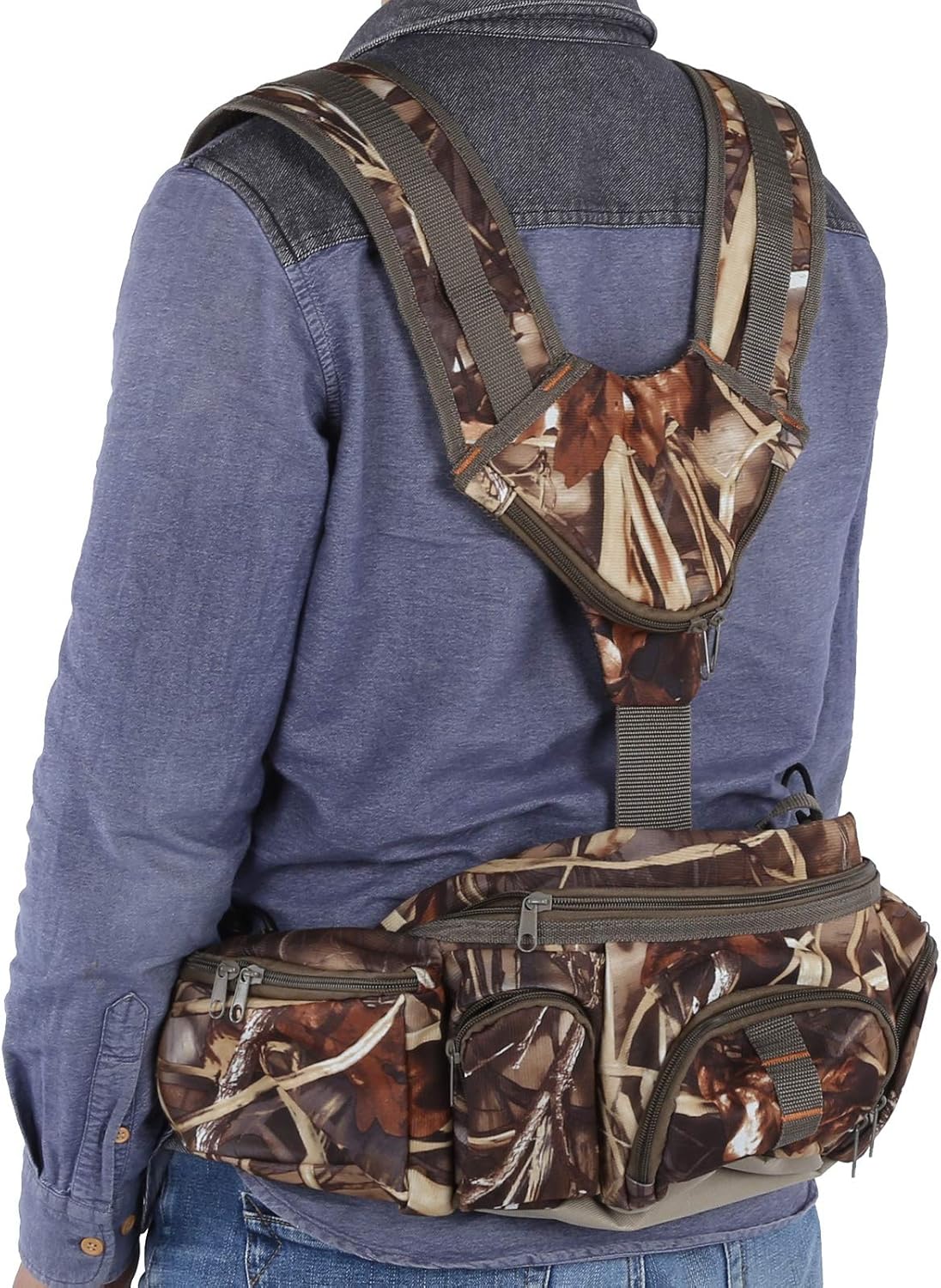 Outdoor Hiking Backpack Waist Bag with Bottle Holder, Lightweight Camping Shoulder Bag, Water Bottle Pack for Sports Running Fishing, Reed Flannel