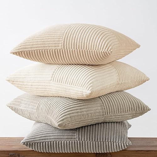 Miniatura 7 de MIULEE Juego de 4 fundas de cojín decorativas neutras de para sofá de sala de estar, sofá, fundas de cojín modernas de pana suave, diseño de retazos