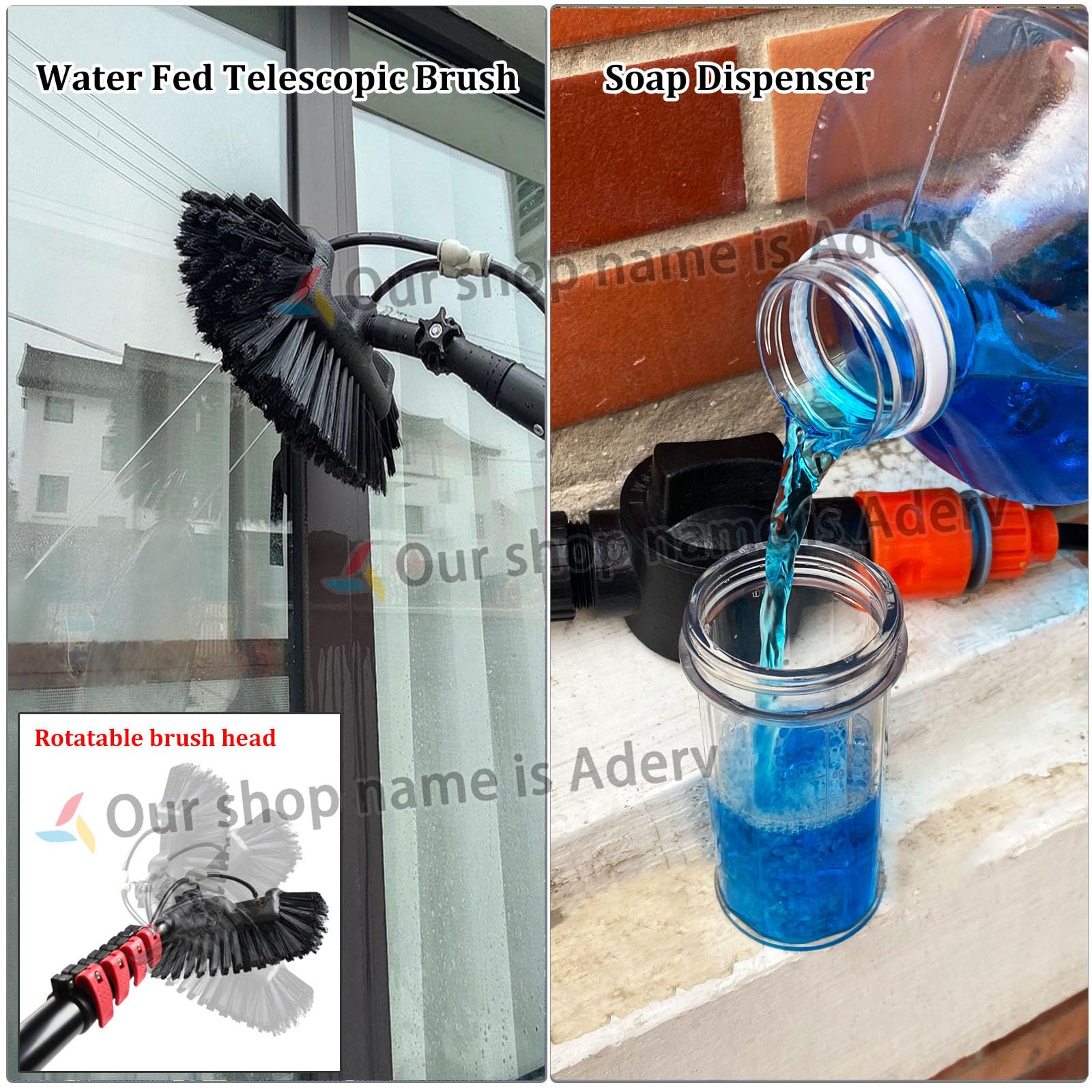 Teles Spazzola alimentata ad acqua 3,6-10,8 m, spatola in gomma, dispenser di sapone, ideale per la pulizia, pannelli solari e veicoli, pulizia estensibile