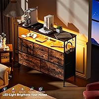 Vista 9 de Cómoda para dormitorio, soporte de TV con tomas de corriente y luz LED, cómoda de 6 cajones con bolsillos laterales y ganchos, cómoda ancha