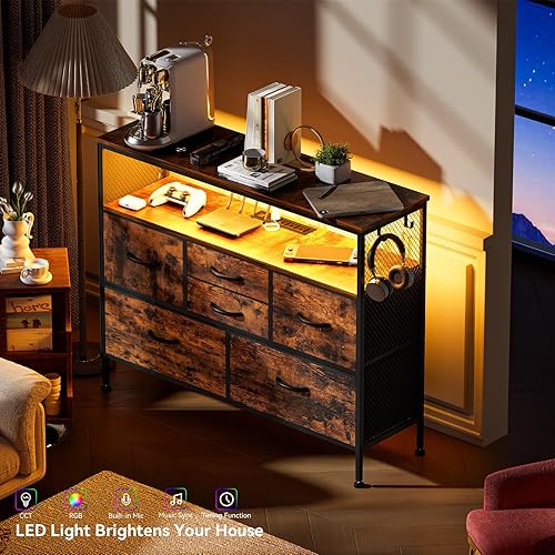 Miniatura 2 de YILQQPER Cómoda para dormitorio, soporte de TV con tomas de corriente y luz LED, cómoda de 6 cajones con bolsillos laterales y ganchos, cómoda ancha