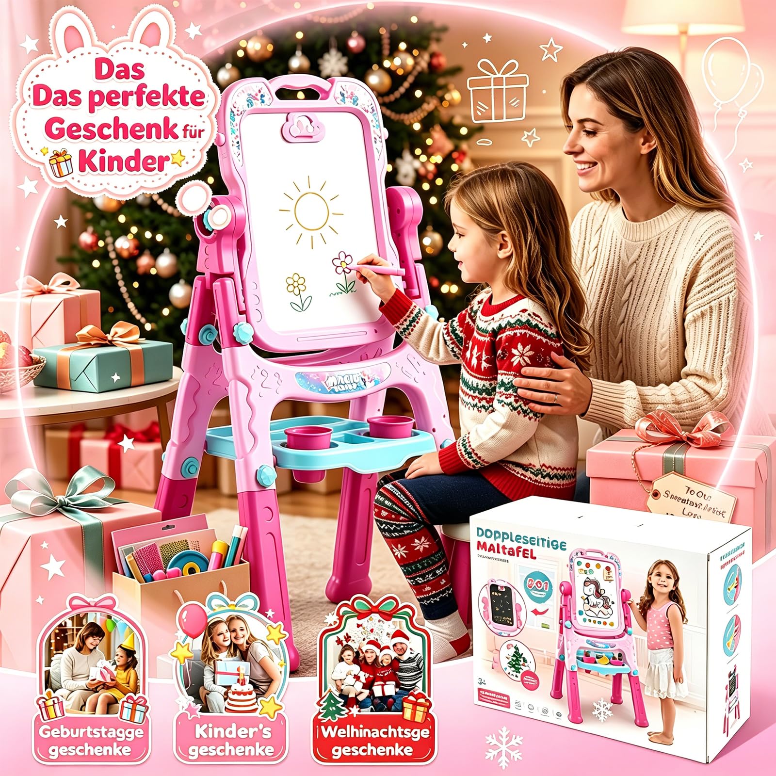 Staffelei Kinder, Maltafel Zaubertafel, Kleinkinder Spielzeug ab 2 Jahre Mädchen Spielzeug für 1-6 Jahre Painting Board Lernspielzeug für 1 2 3 4 5 6 Jahre Baby Kinder Geburtstag Geschenk Schreibtafel