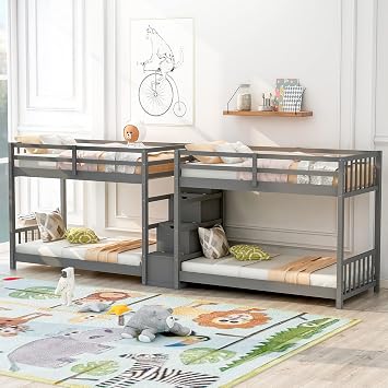 Twin Over Twin Double Parallel Loft Beds with Storage Staircase in The Middle Length Guardrails, Gray