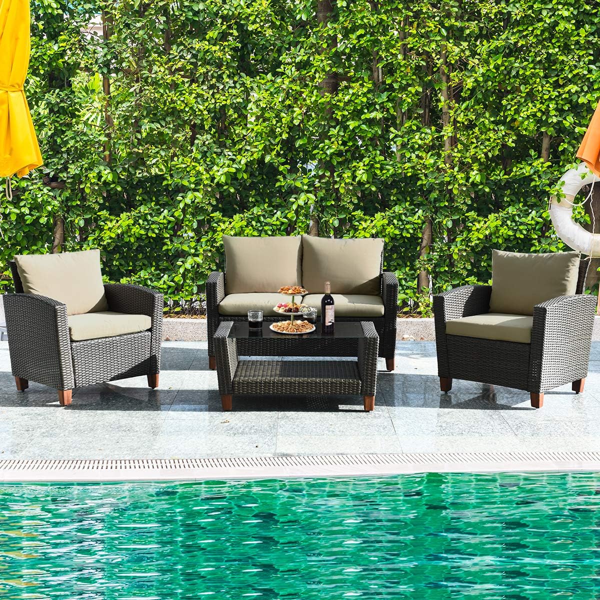 COSTWAY 8PCS Patio Rattan Furniture Set Solid Wood Leg Cushioned Sofa Garden Lawn