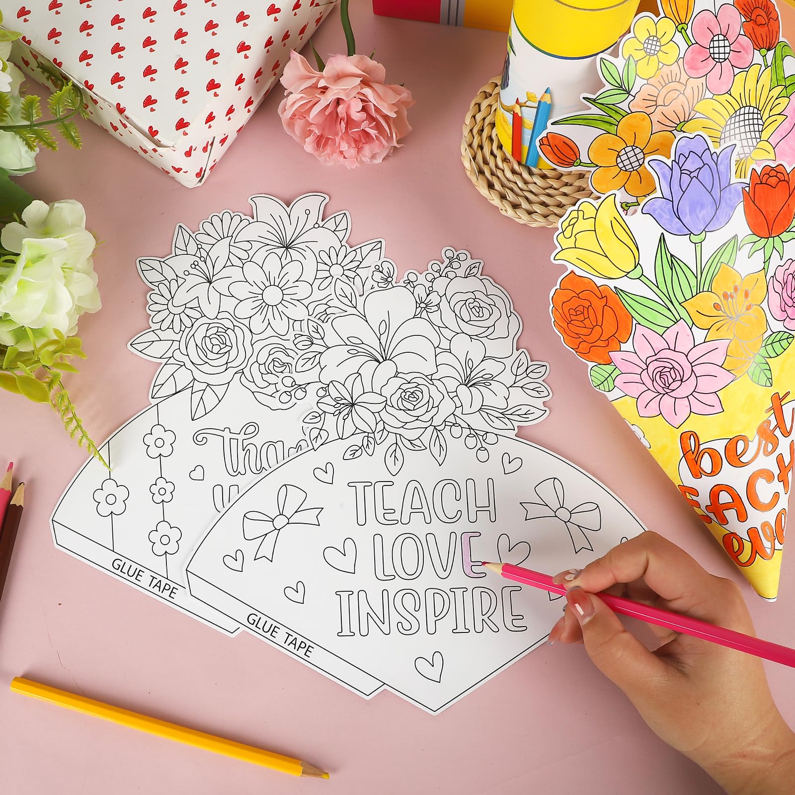 24-teiliges Bastelset Lehrertag – DIY-Karten Zum Ausmalen, Inkl. Bänder
