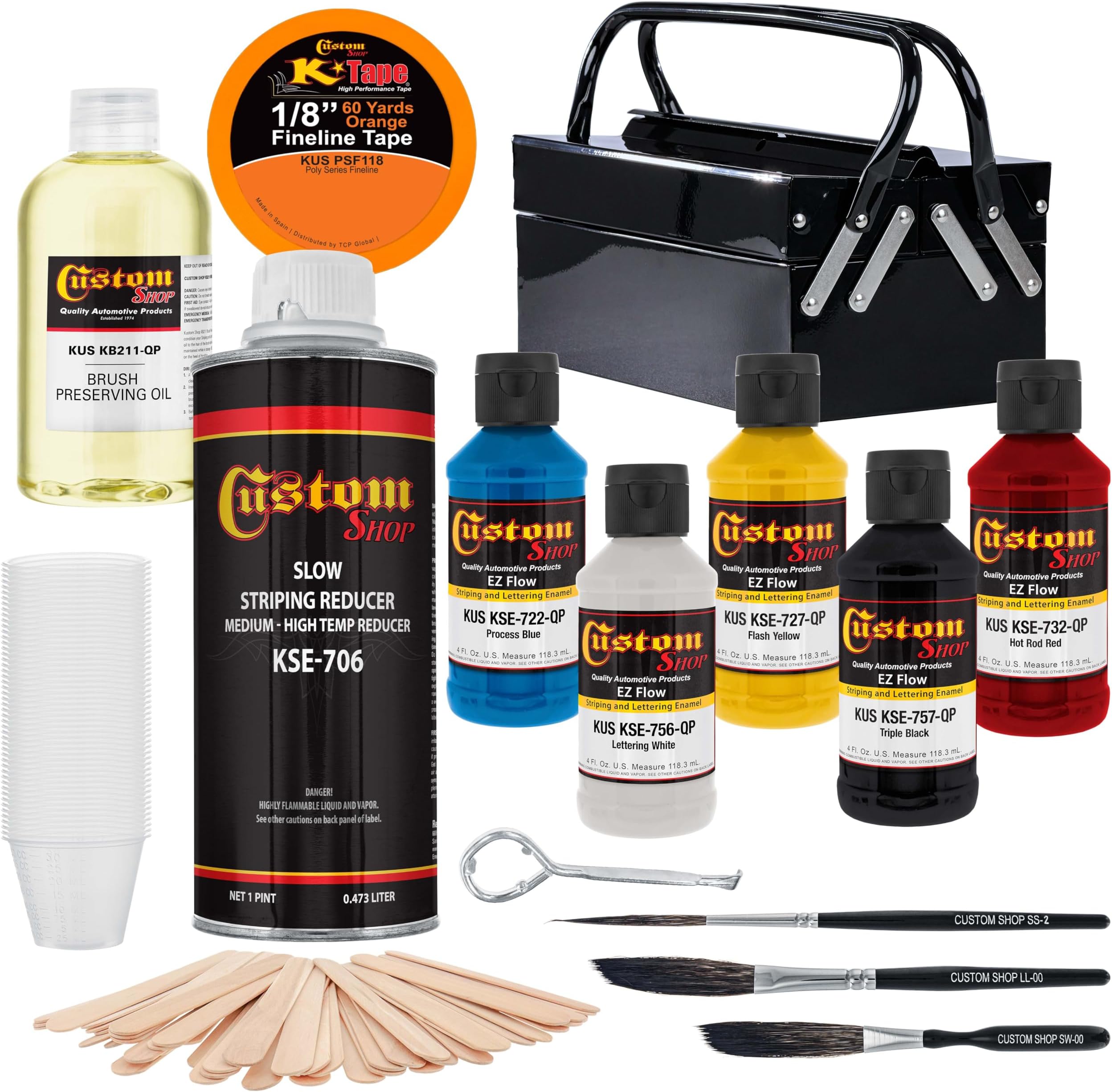 Custom Shop Pinstriping Deluxe Box Kit - 5 Colors, Tape, Reducer, Starter set of (3) Striping Brushes, Mix Sticks and Mixing Cups - Storage Box