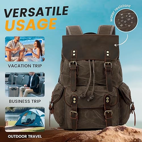 Miniatura 3 de HuaChen Mochila de lona encerada de cuero de viaje, mochila para portátil vintage para hombre, grande (M80_gris)