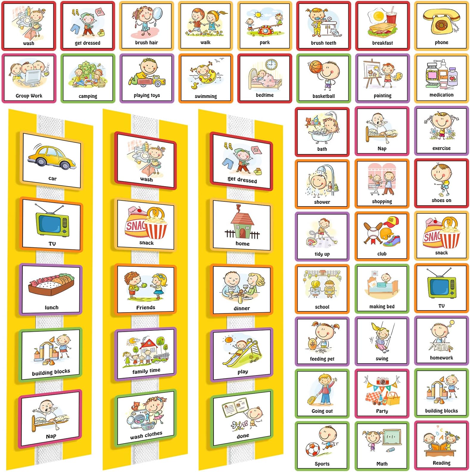 Geyee 60 Pcs Kids Visual Schedule Cards Daily Routine Chart Visual Wall Planner Cards Bulk for Autism Learning Materials Aspergers Adhd Home School Education Behavioral Tool(Yellow)