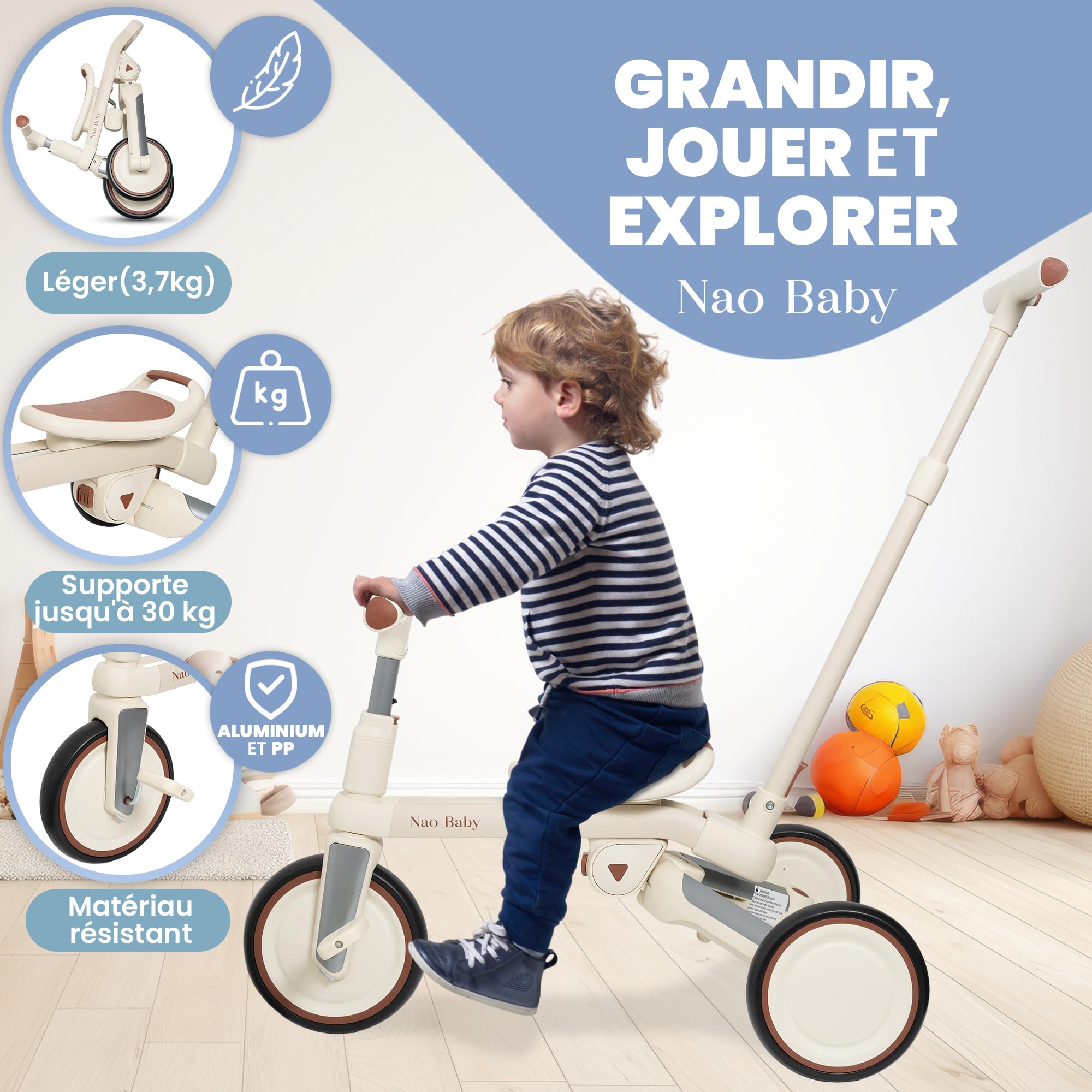 Tricycle Bébé Évolutif Pliable et Réglable pour Enfants (1–5 Ans) avec Barre Parentale – Tricycle, Draisienne Évolutive et Vélo Bébé, Confortable et Compact (Senza Capote)