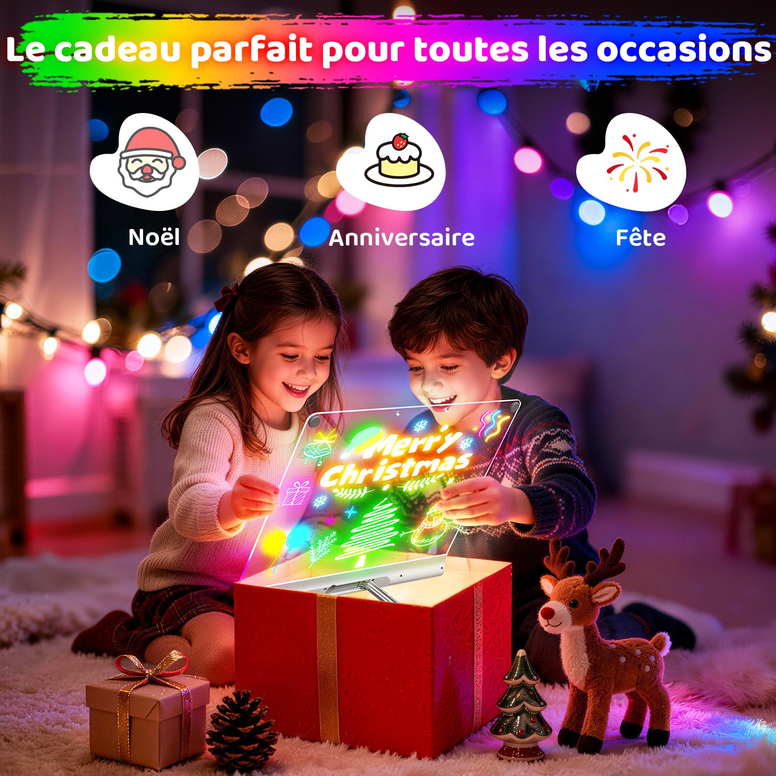 Tableau lumineux LED rechargeable 41 cm, 9 modes lumineux avec minuteur & support, tableau acrylique néon effaçable à sec, cadeau enfants/filles/ados, 6 feutres & livre de modèles, Blanc