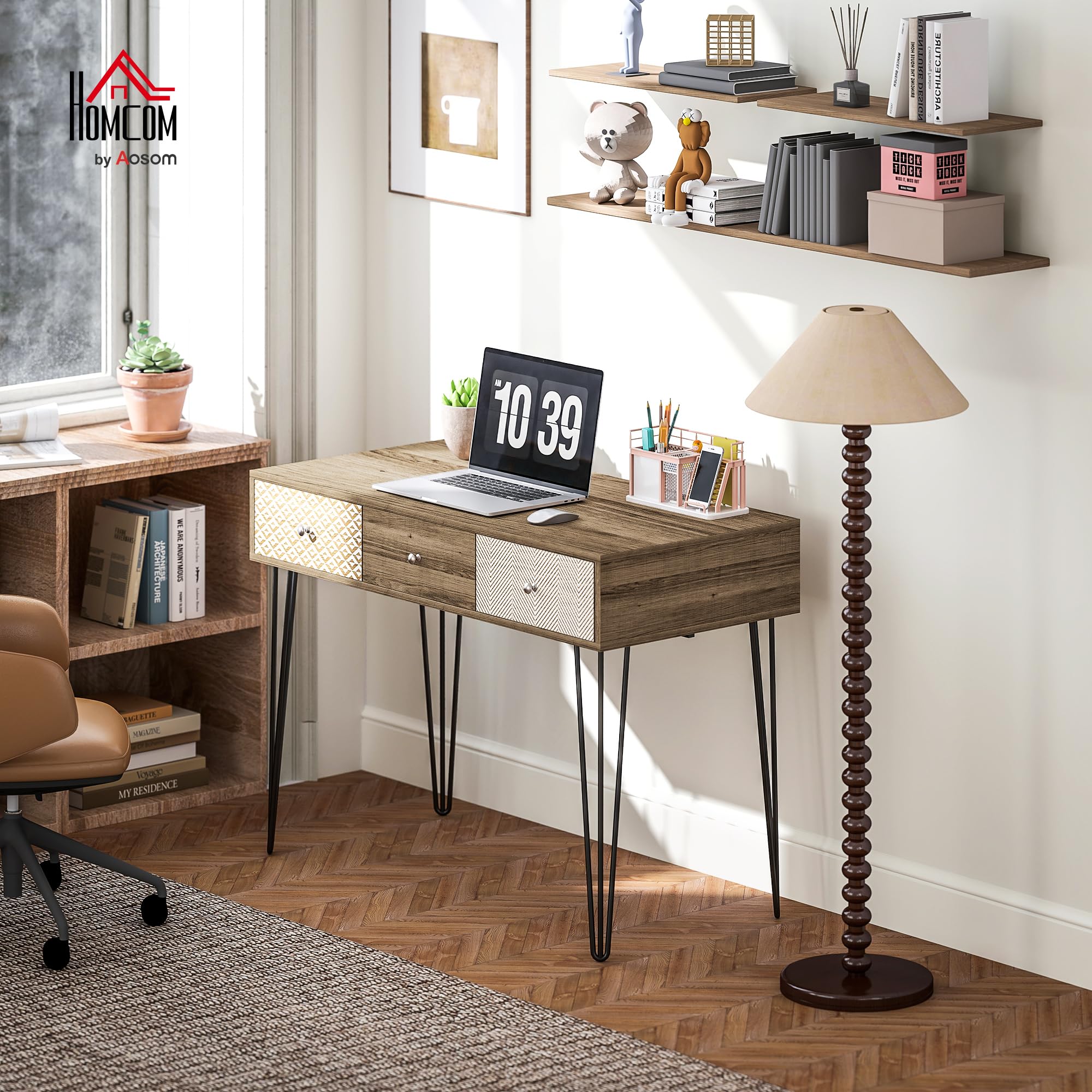HOMCOM Escritorio Bohemio con Patas Horquilla y 3 Cajones 105x50x75 cm