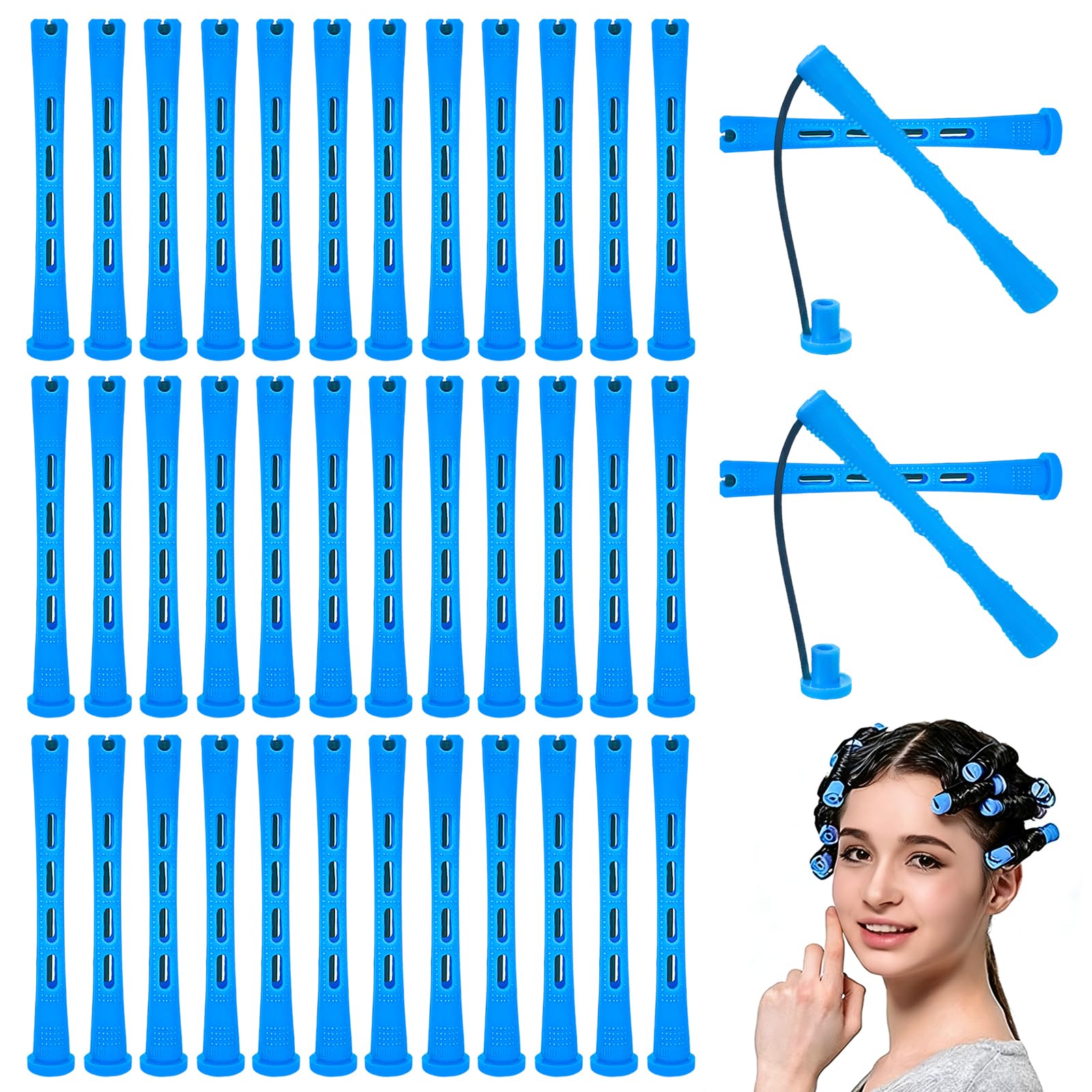 40 Pcs Small Perm Rods for Short Hair, Blue Curling Rollers with Bands