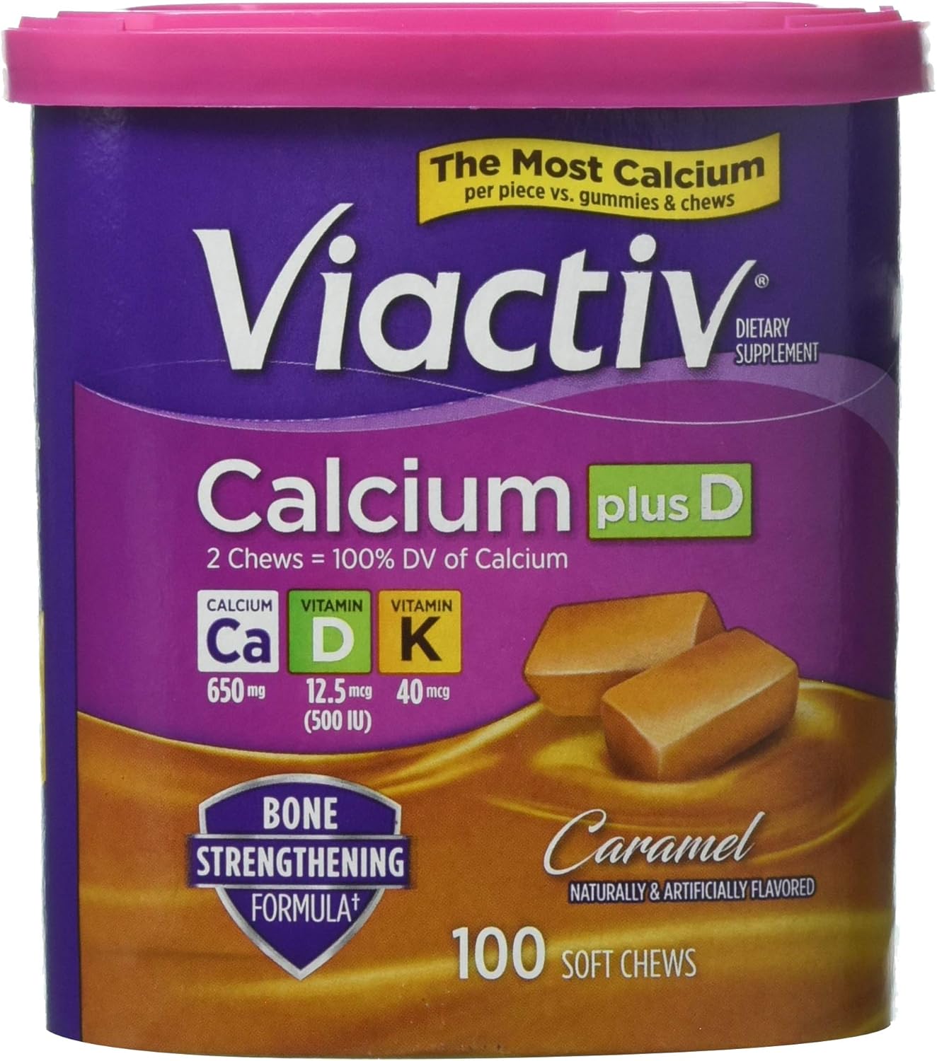 Viactiv Calcium Plus Vit D+K Soft Chews, Caramel,100 ct