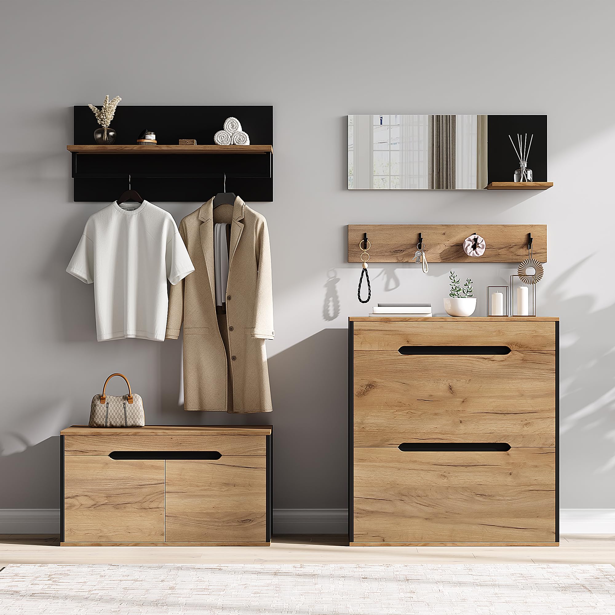 Garderobe Set Garderobenschrank mit Spiegel, Holzfarbe, 156x36x176 cm