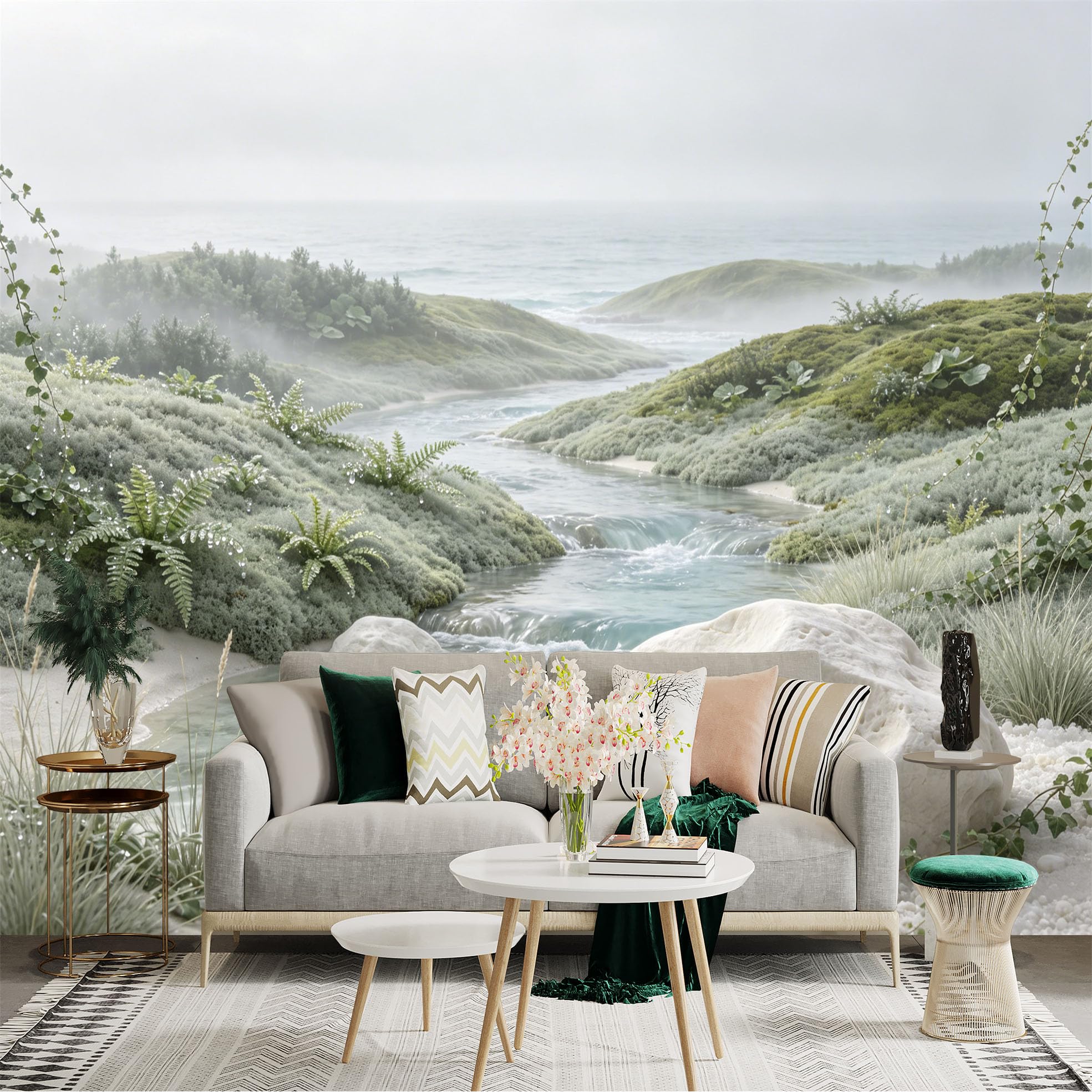 Custom Size Wall Sticker Mural， Misty Coastal Stream with Ferns， Rocks and Ocean View， for wall Decoration， peelandstick wall Decals.