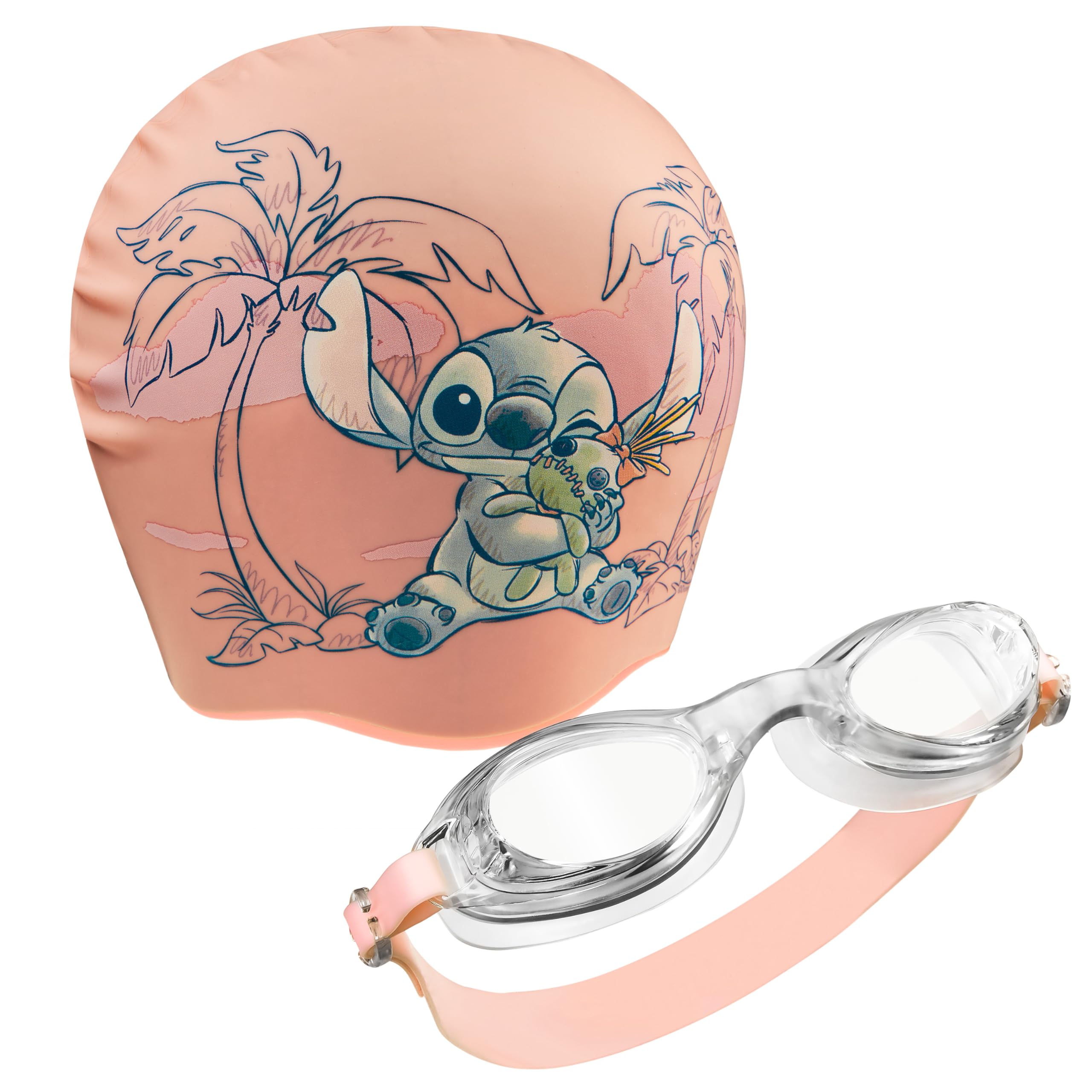 Disney Children's Swim Goggles and Swim Cap Set Anti-Fog UV Protection (Peach Stitch, 6-14 Years)
