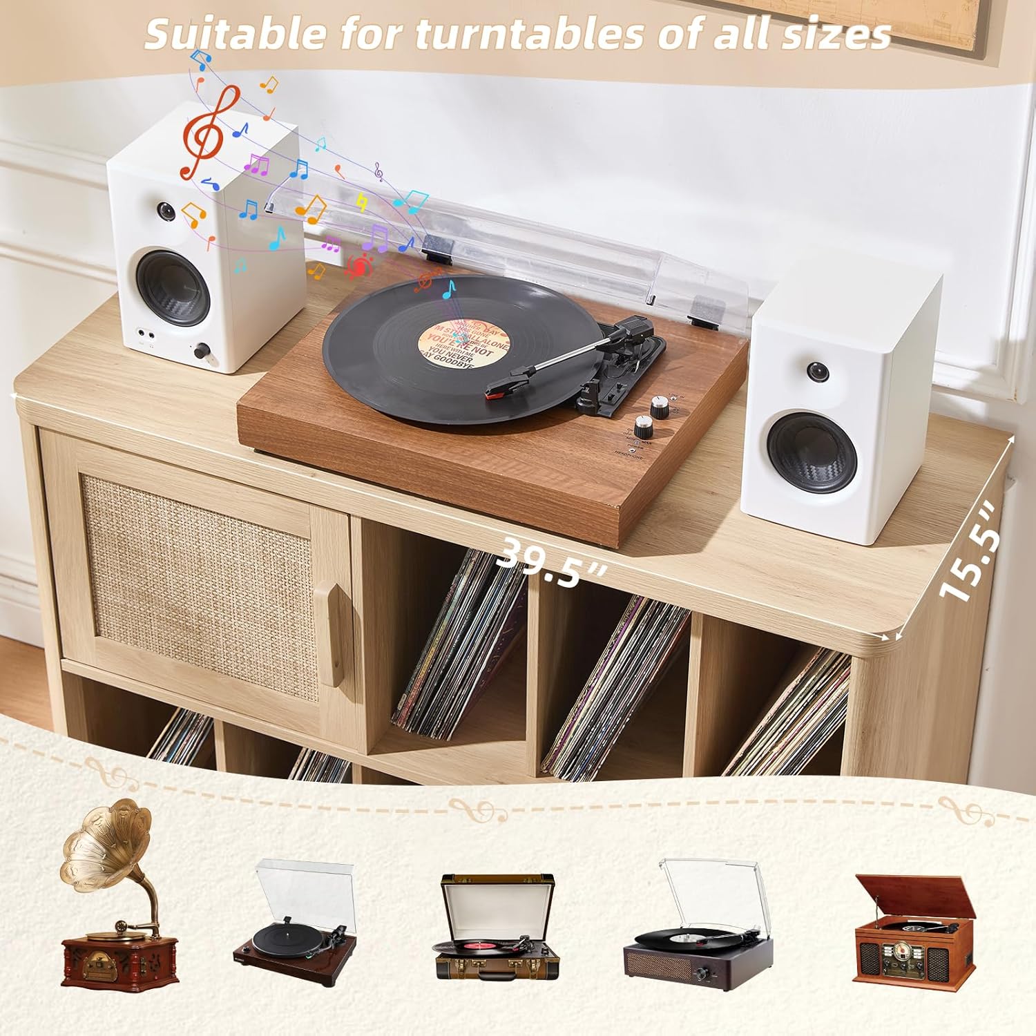 LEYAOYAO Large Record Player Stand with Vinyl Storage Up to 450 Albums, Wood Rattan Boho Record Storage Accent Cabinet, Modern Stereo Media Cabinets, Wide Turntable Stand for Living Room, Natural Oak - Image 6