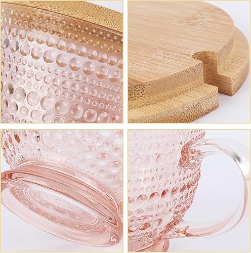 Miniatura 4 de Juego de 2 tazas de café con leche vintage de 16 onzas, taza de café grande en relieve de vidrio rosa con tapa y cucharas de bambú, tazas de té
