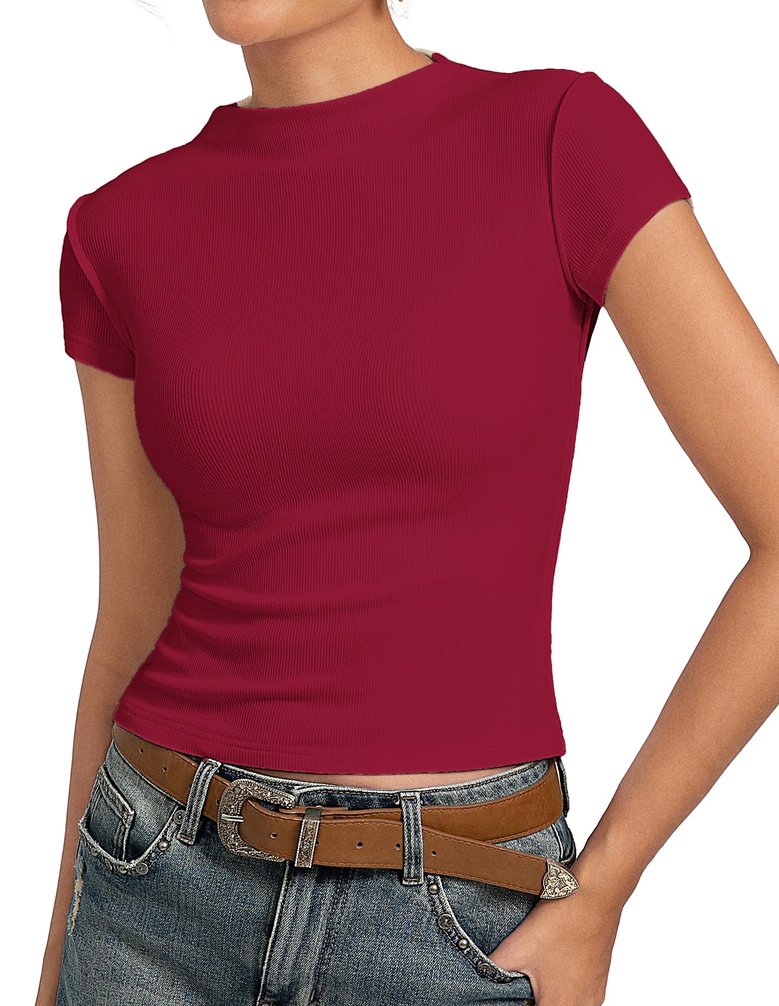 Kate Kasin Tshirt Tops Damen Kurzarm Sommer Rundhals Oberteile Damen Elegant Stretch Casual Basic Tee Rot S