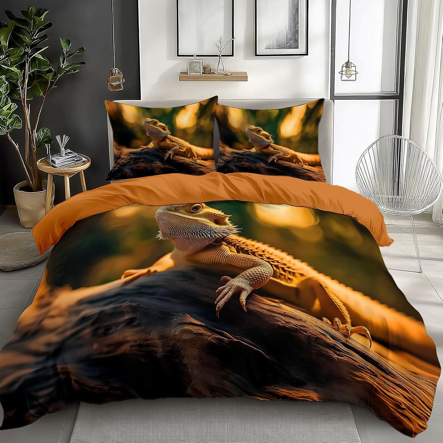 3D Bedding Set Full Size Duvet Cover Set Sunset Bearded Dragon Comforter Cover for Kids Teen Boys Bedspread Cover Orange-Yellow Soft Lightweight Microfiber Quilt Cover