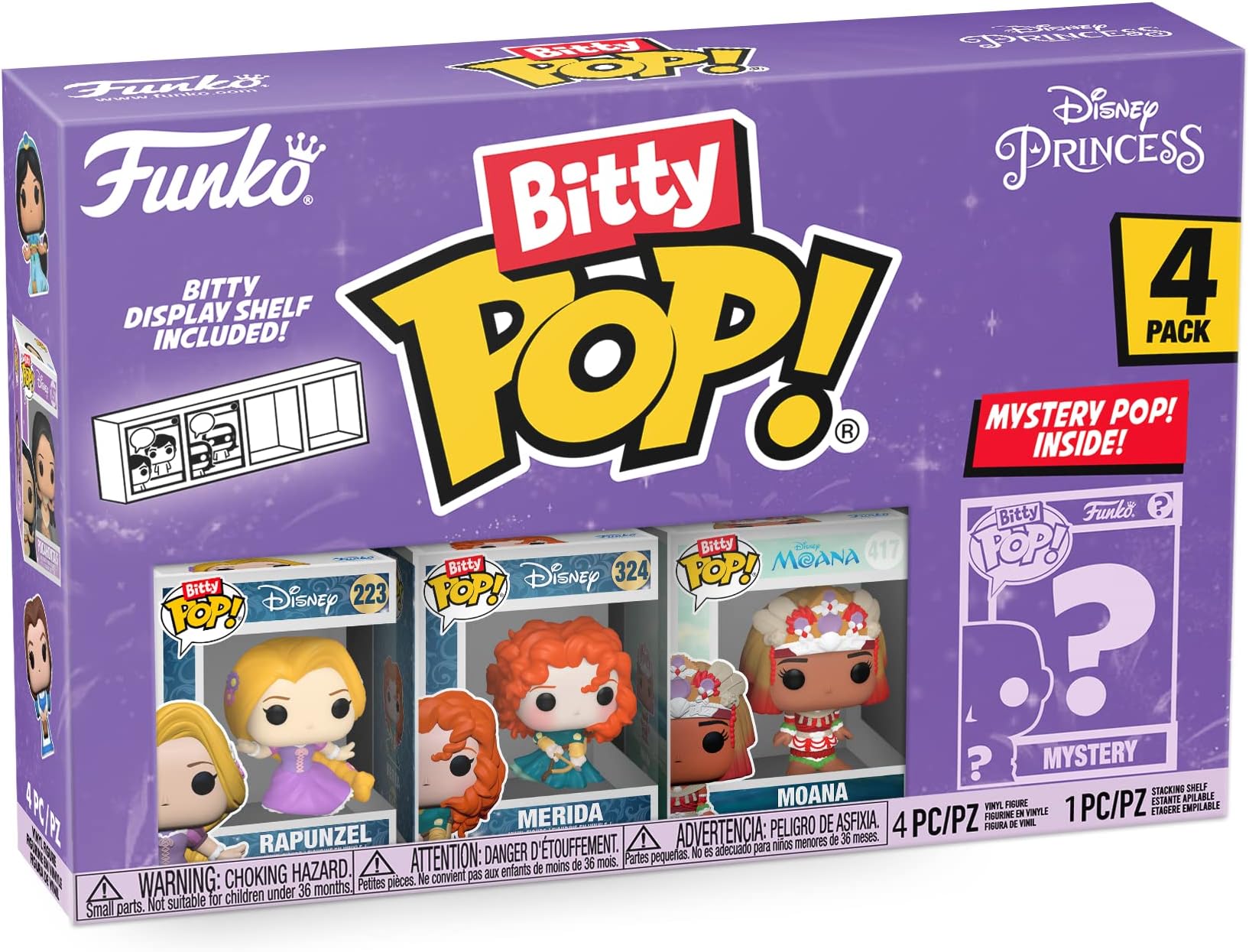 Bitty POP! 4 Pack: Disney Princess - Rapunzel, Merida, Moana, Mystery Mini Figure - Styles may vary - 0.9 inch (2.2 cm) Collectable - Stackable Display Shelf Included - Gift Idea - Cake Topper