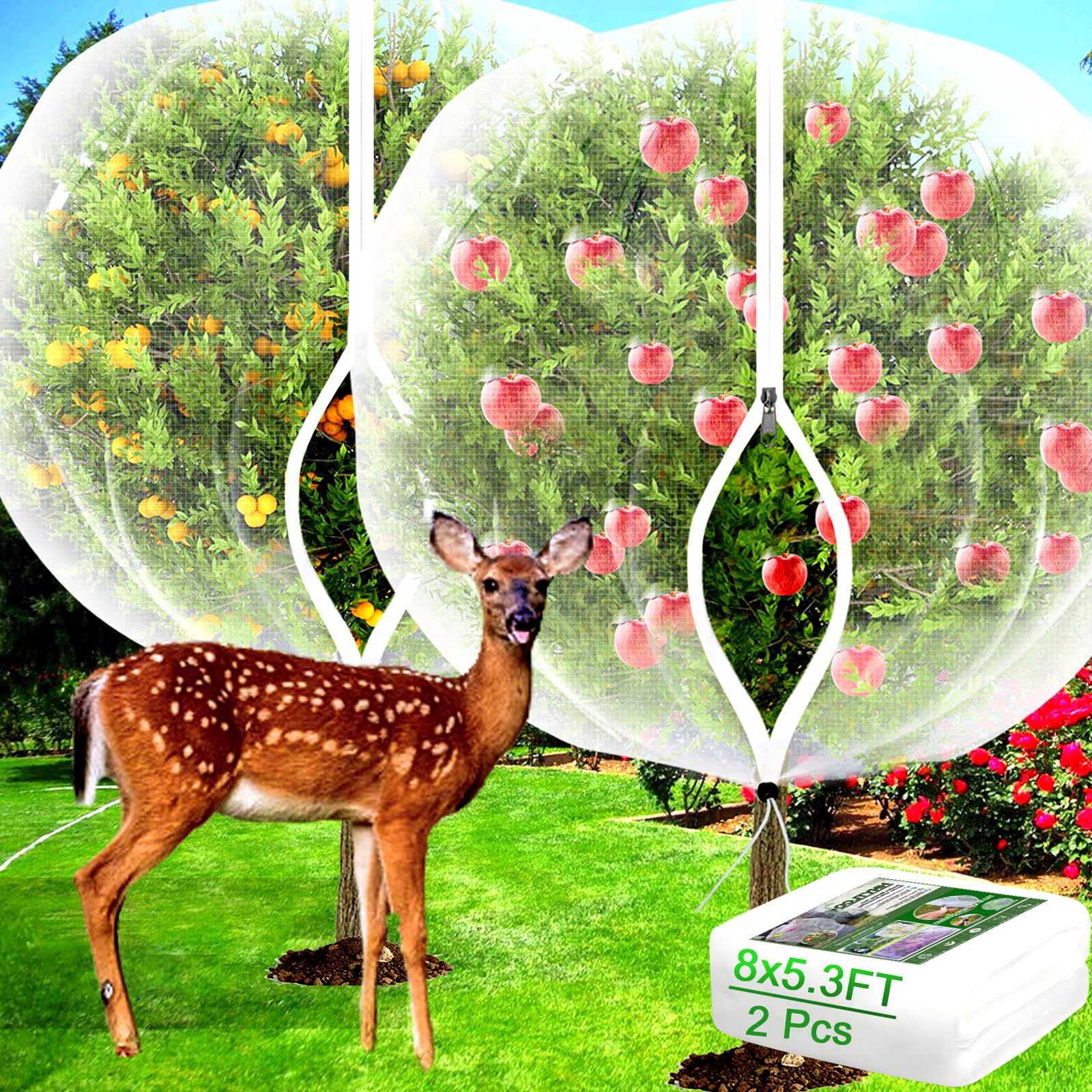 Red para árboles frutales con cremallera, 2 unidades de 8 x 5.3 pies, red de jardín para arbustos de arándanos con cordón, bolsas de malla de protección de plantas de insectos para tomate, flores,
