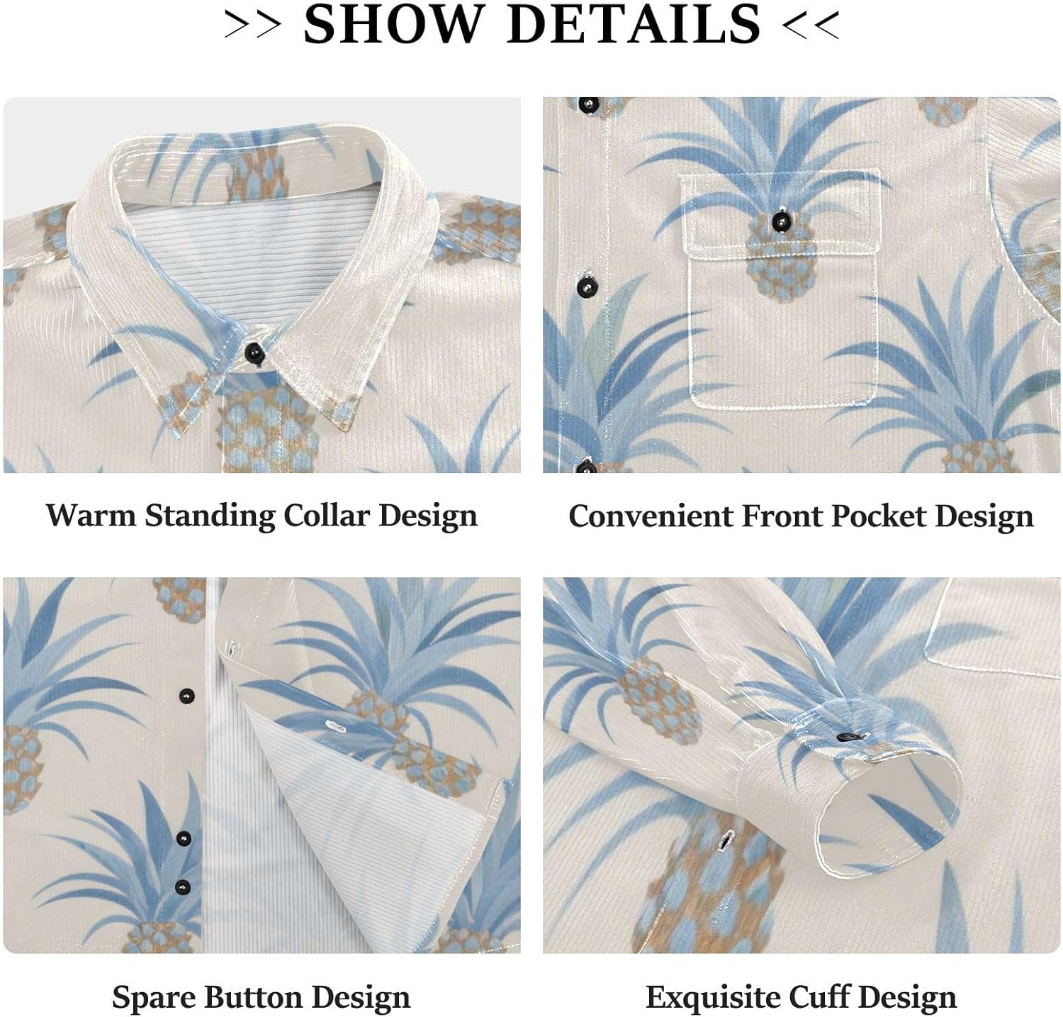 Pineapple Summer Blue Beige Woolen Cord Fabric Mens Rugby Shirts Long Sleeve for Women Casual with Pockets