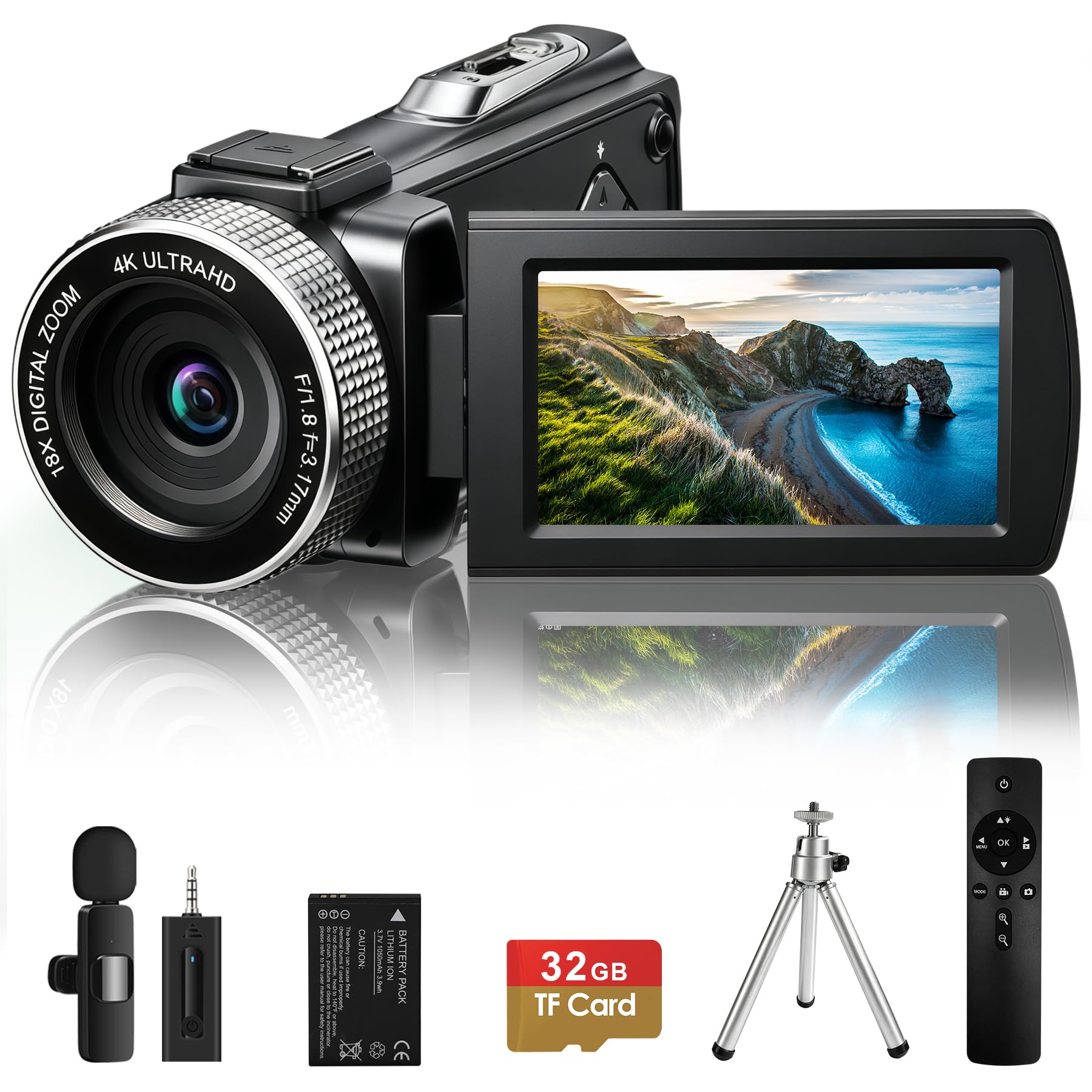 Videocamera 4K 48MP, videocamera Vlogging per YouTube, 3 pollici 270 ° Flip Touchscreen, con microfono Lavalier wireless, scheda da 32 GB, treppiede, kit per principianti