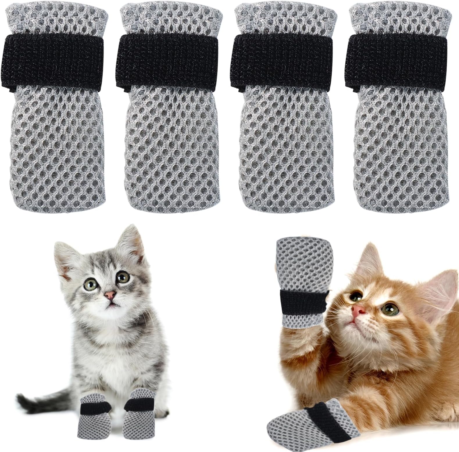 4Pcs Cat Booties - Anti Scratch Cat Mittens with Mesh Breathable Shoes, Suitable for Bathing and Nail Trimming (S, Grey)