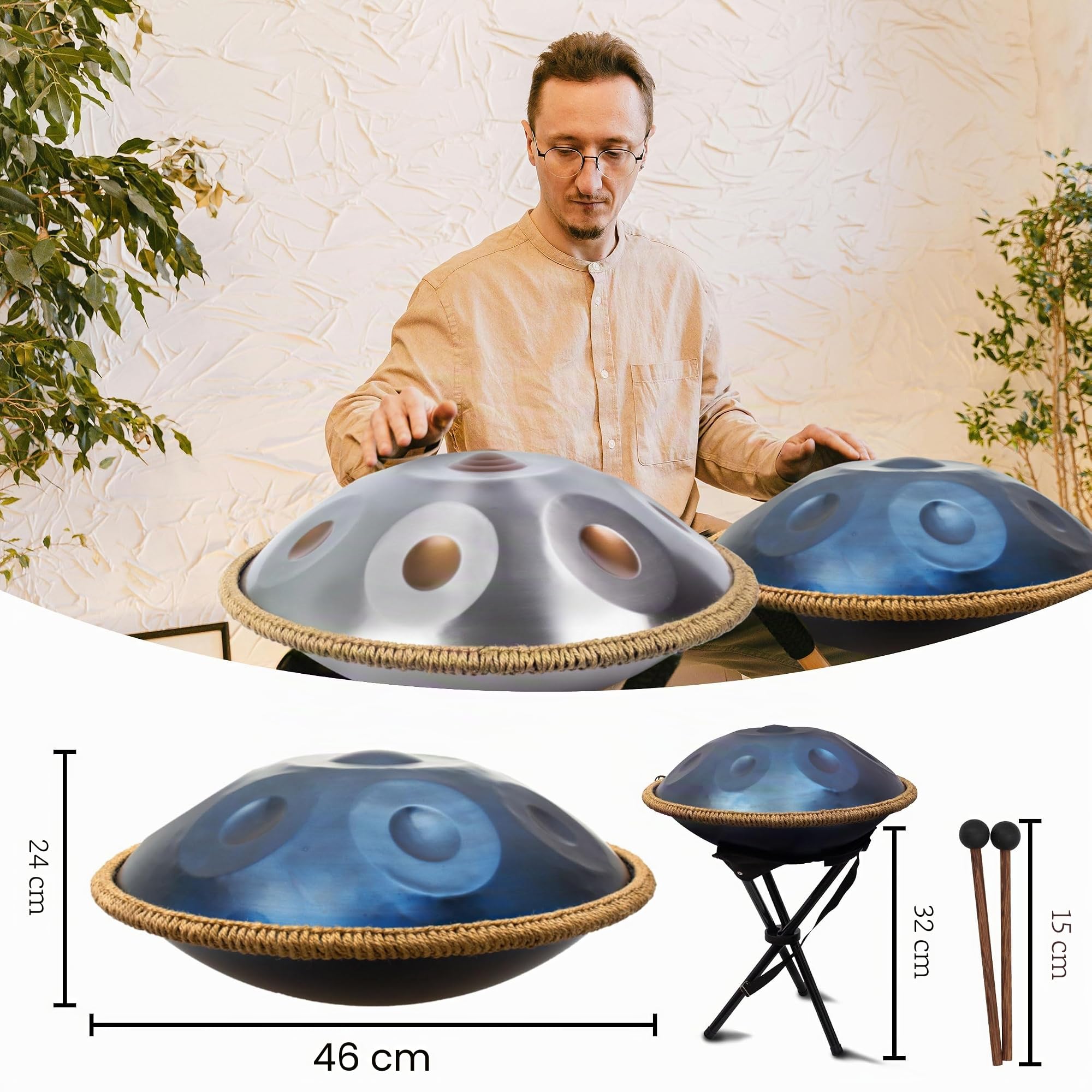 Handpan de 45,7 cm pour adultes, instrument Hand pan en Ré mineur Kurd de qualité supérieure avec 9 notes accordées avec précision, Handpan 432 Hz pour débutants
