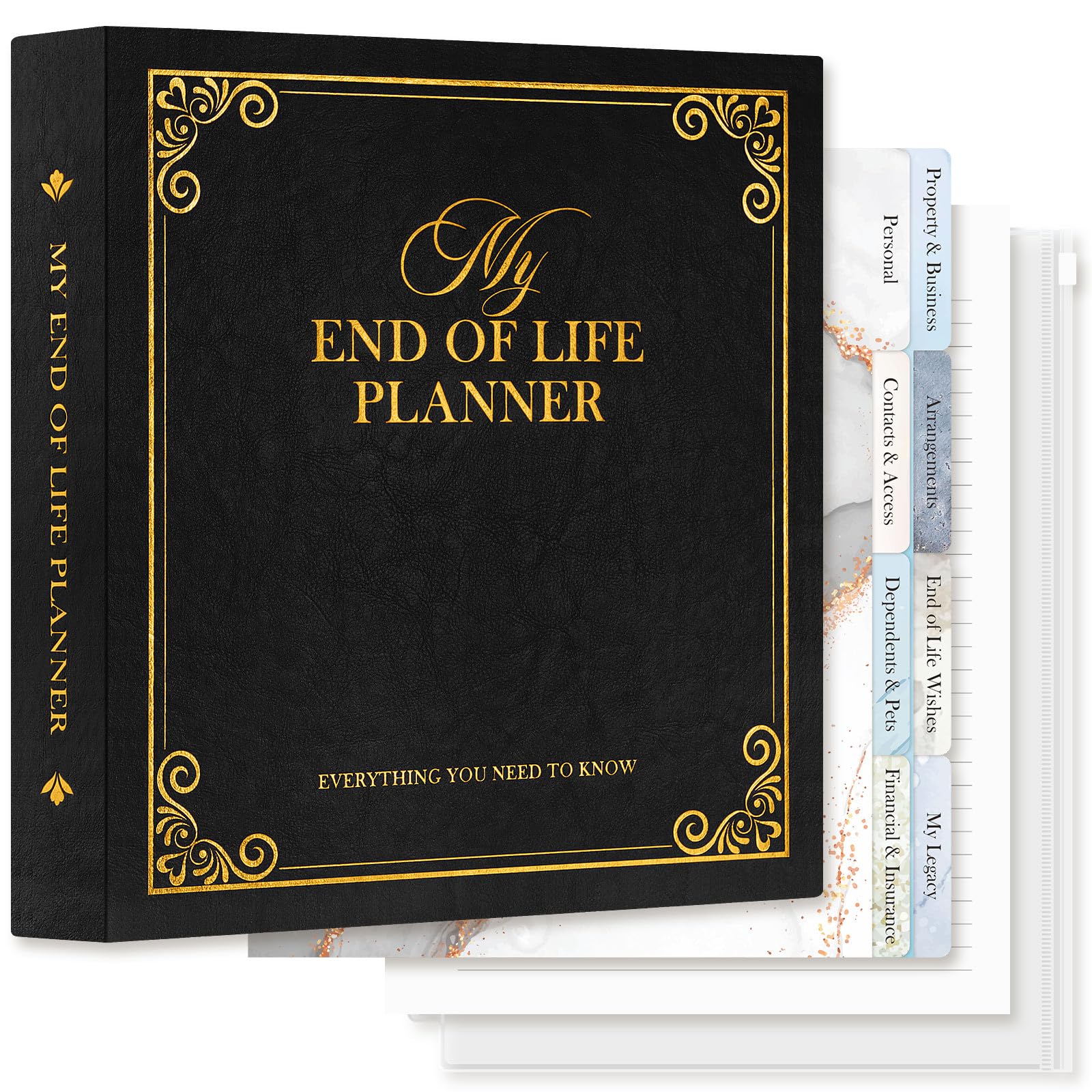 Lanpn Nachlassordner zum Lebensende – End of Life Binder, Todesfallplaner mit 8 Trennblättern & 10 Zipper Taschen, Alles Wichtige an einem Ort: Dokumente, Wünsche & Finanzen, Schwarz, Englisch
