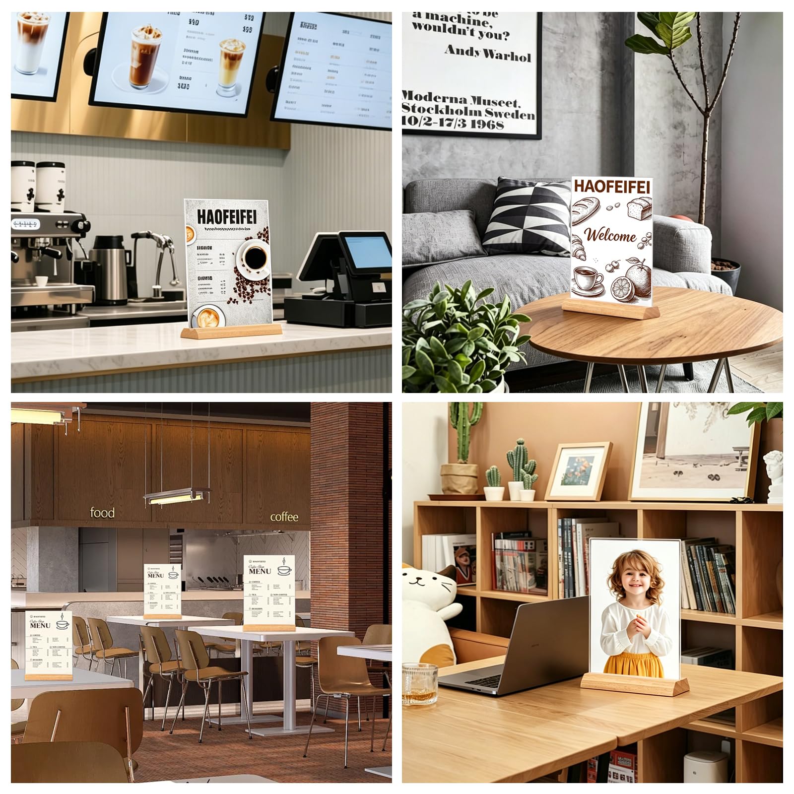 Lot de 5 Présentoir Acrylique A4 avec Socle en Bois, Porte-Menu A4 Double Face, Support Menu de Table T-Forme pour Restaurant Café Hôtel Bar, Insertion Facile Format Portrait