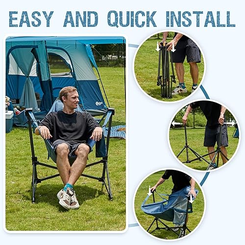 Miniatura 8 de Portal Silla de camping hamaca, sillas giratorias portátiles para exteriores, mecedora para adultos con respaldo y altura ajustables para césped,