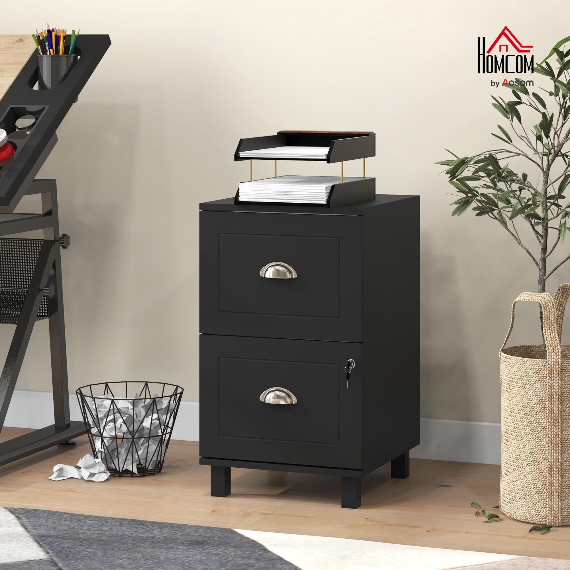 HOMCOM Cajonera de Oficina Mueble Archivador con 2 Cajones Cajonera para Escritorio con Cerraduras Carpetas Suspendidas para A4 y Carta 40x41,5x67,5 cm Negro