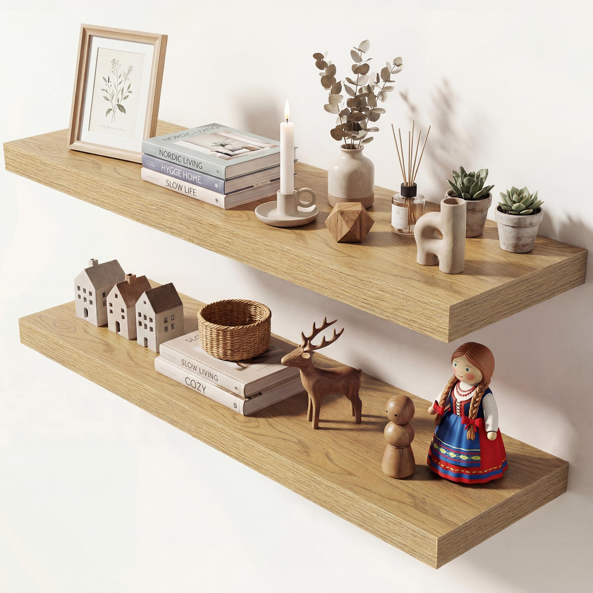 Dreamland 36 Inches Floating Shelves for Wall, 9.3" Deep Long Floating Shelves Set of 2, Large Display &amp; Storage Shelf, Wall Shelf for Bathroom Bedroom Living Room Kitchen Office, Oak