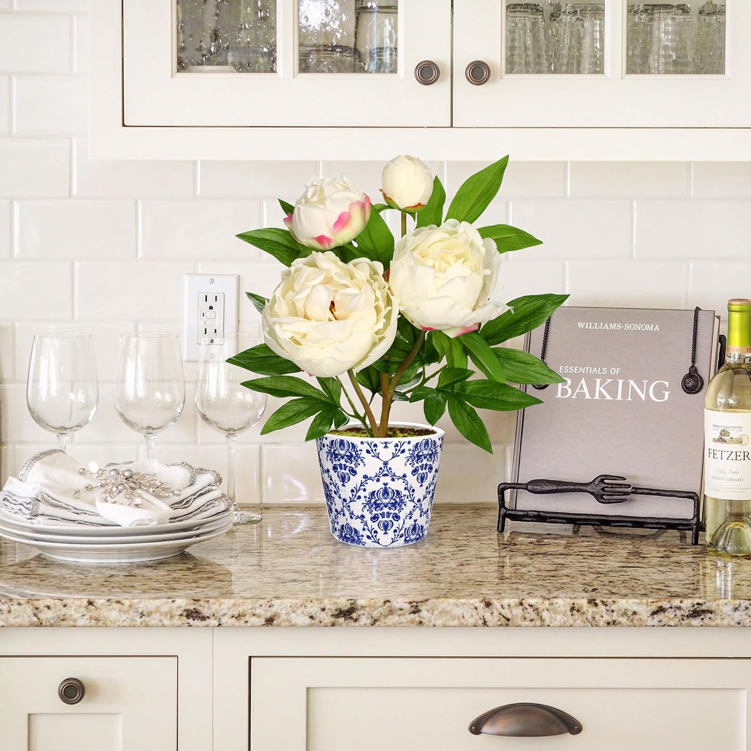 Briful Faux Peony Flowers in Blue and White Ceramic Pot 13.8" Realistic Silk Peonies Artificial Peony Floral Arrangement Fake Potted Flowers for Home Office Room Desk Shelf Decoration(White) - Image 5