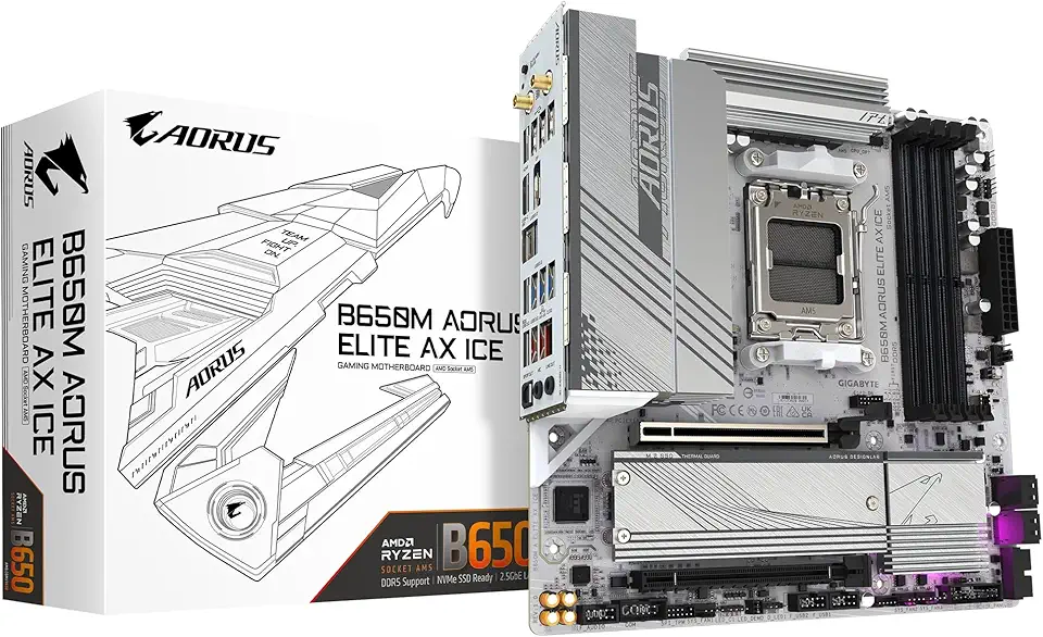 GIGABYTE Placa-mãe B650M AORUS Elite AX ICE AM5 LGA 1718 AMD B650 M-ATX com garantia de 5 anos, DDR5, 2* M.2, PCIe 5.0, USB 3.2 Gen2X2 Type-C, LAN 2.5GbE, Q-Flash Plus, EZ-Latch