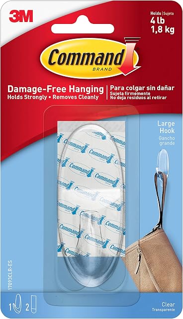 Command Large Hook, Pack 1 Hook and 2 Adhesive Strips, Transparent - Damage Free Hanging - Holds up to 1.6kg