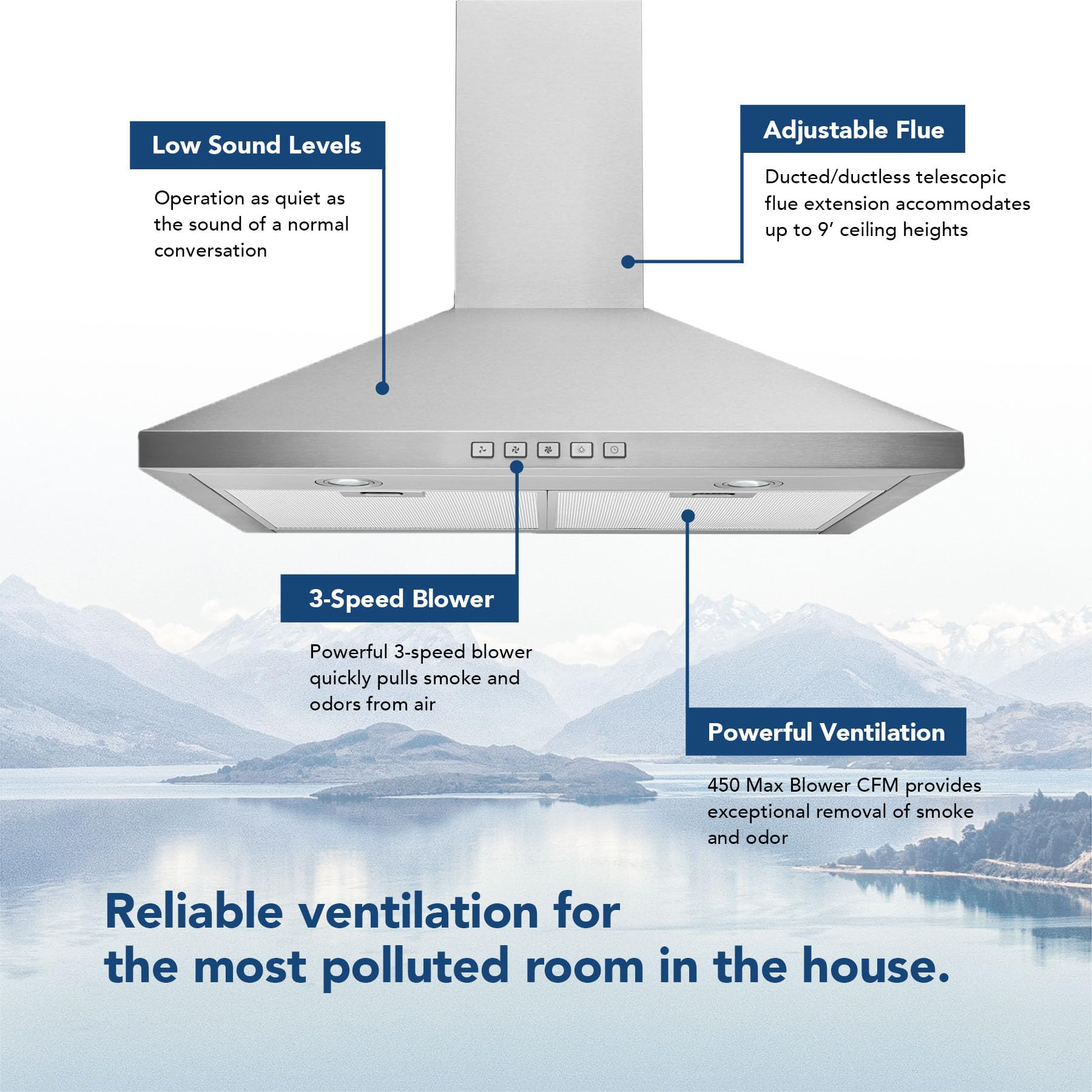 Campana extractora piramidal de 24 pulgadas con iluminación LED, campana convertible de pared para cocina, 450 CFM máximo, acero inoxidable 4