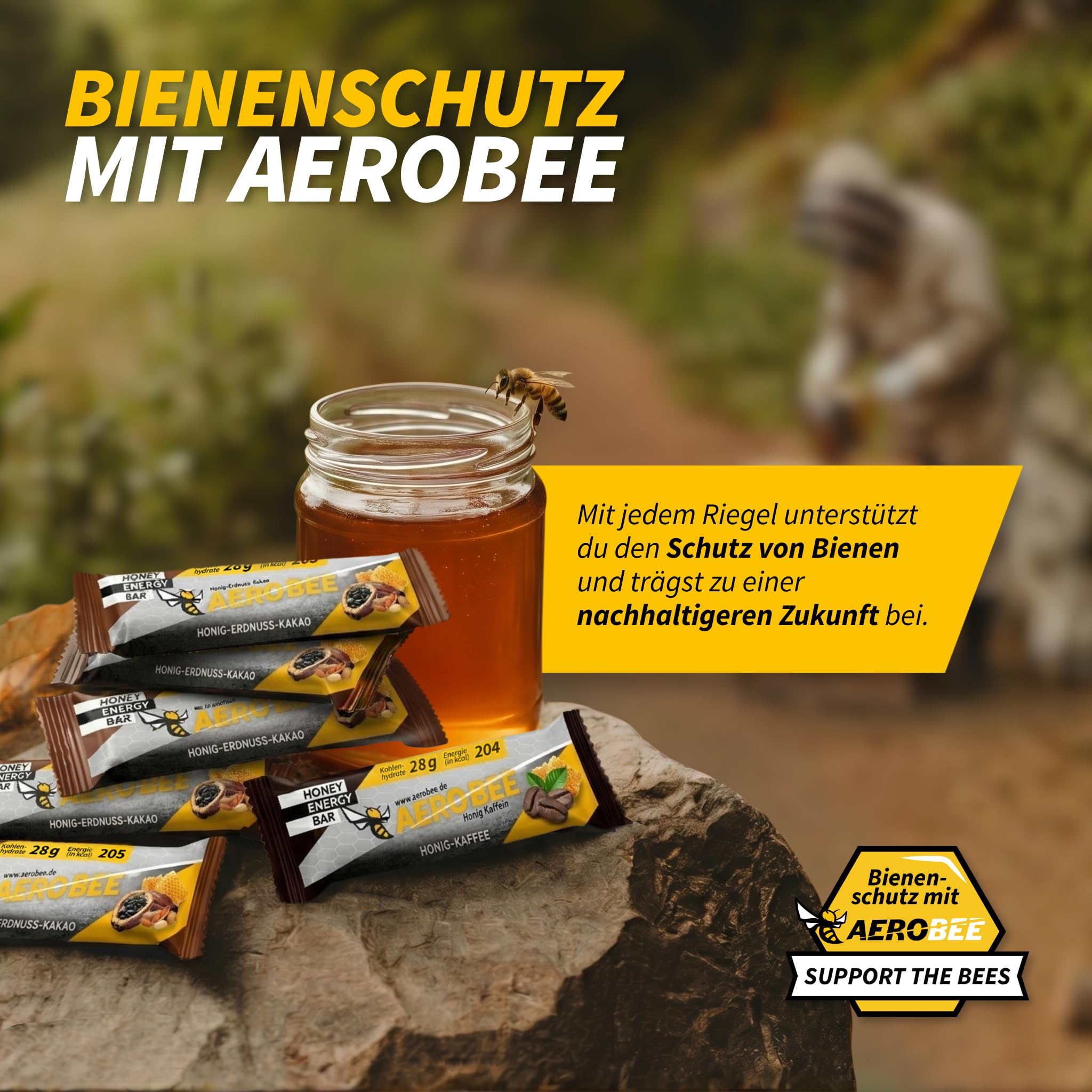 AEROBEE Energieriegel Probierpaket – 2x Honig, Erdnuss & Kakao + 2x Honig & Kaffee (12 mg Koffein) – Haferriegel ohne Zuckerzusatz – Natürlicher Powerriegel für Sport, Wandern & Büro – 4 x 50 g