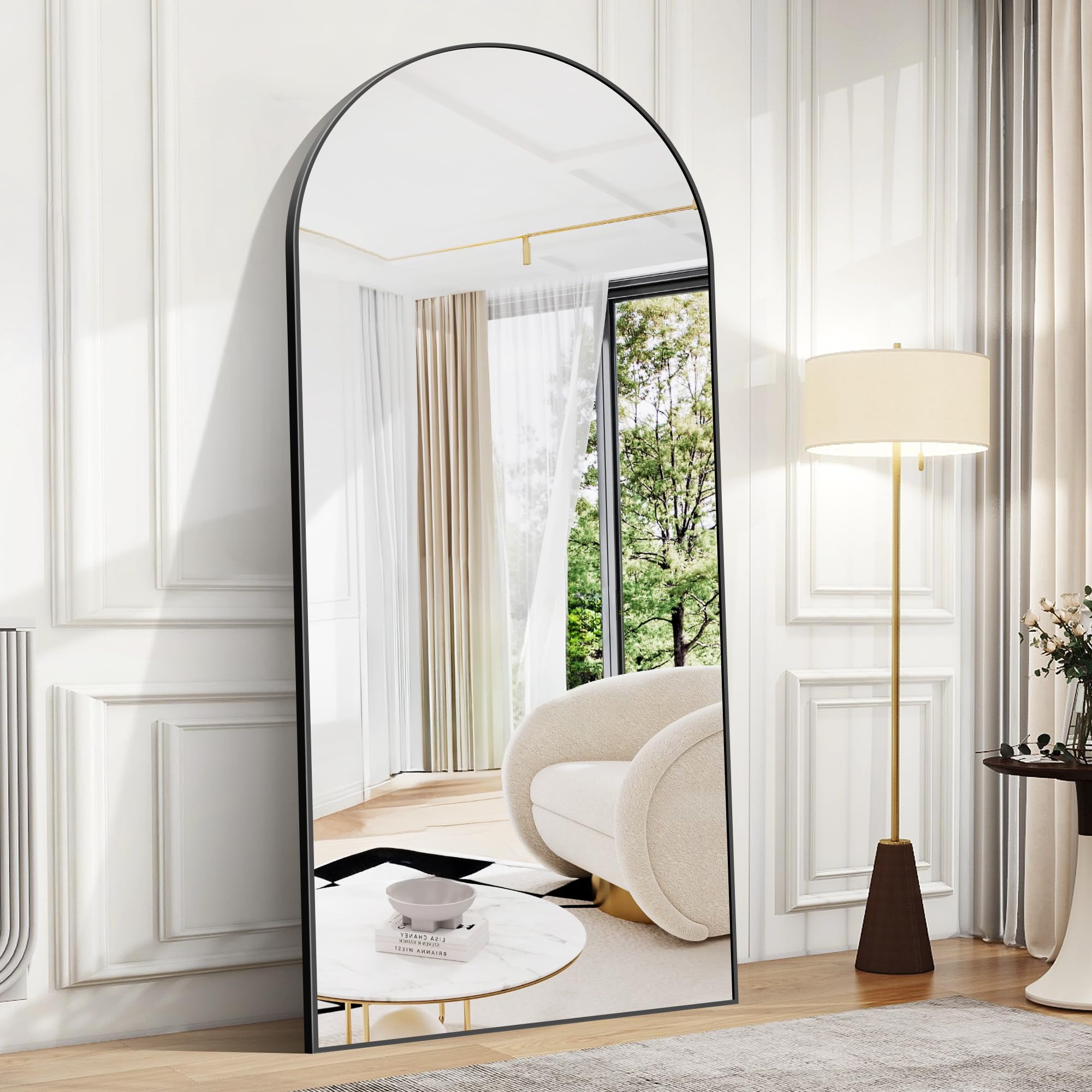 BONEWEI Arched Full Length Mirror, 192x85cm Full Body Free Standing Mirror Black Aluminium Frame, Large Floor Mirror Standing Hanging or Leaning Against Wall for Bedroom Entry, Living Room