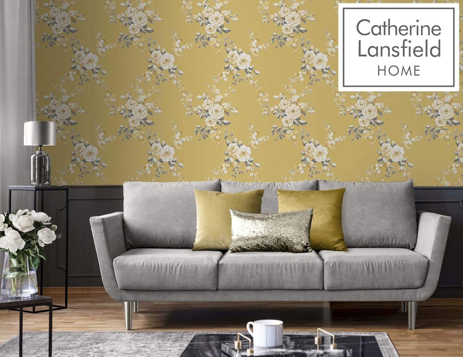 Catherine Lansfield Canterbury Floral Wallpaper Ochre Muriva 165501