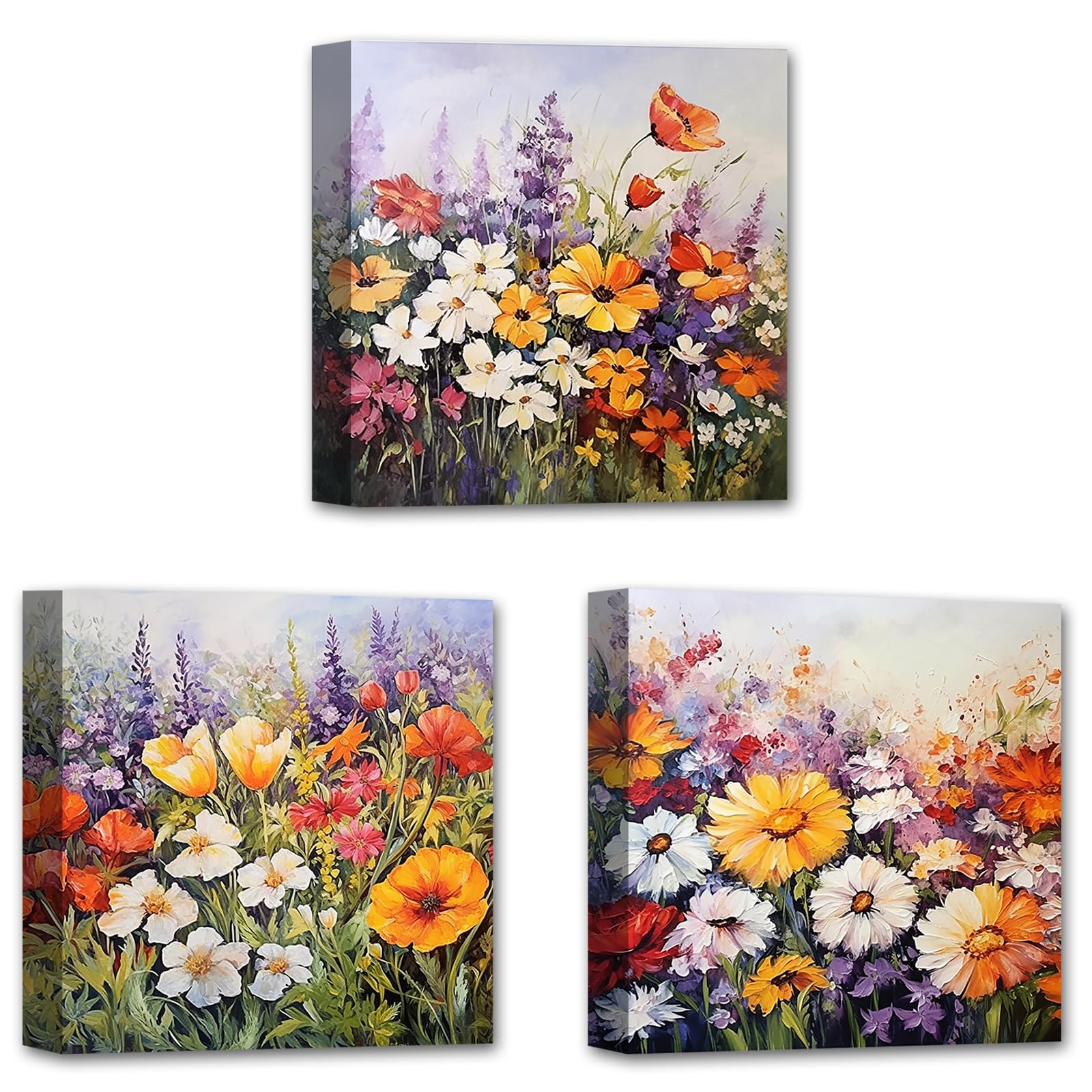 LMYSXAOZ Flowers Wall Art 3 Panels Daisy Colorful Canvas Floral Pictures Landscape Wildflowers Painting Print Purple Yellow Poster for Home Decor (Flowers-3, 25.00 x cmsx3P)