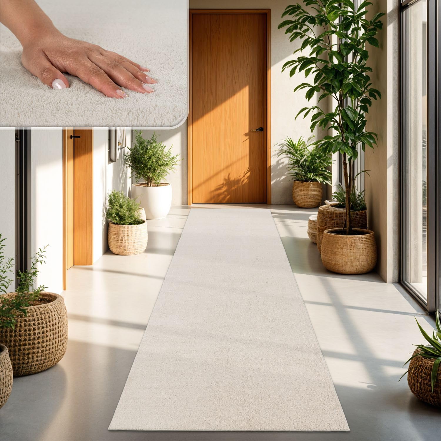 TT Home Wohnzimmer Teppich Kurzflor Anti-Rutsch Rückseite Unifarben Modern Waschbar, Farbe:Creme, Größe:80x300 cm