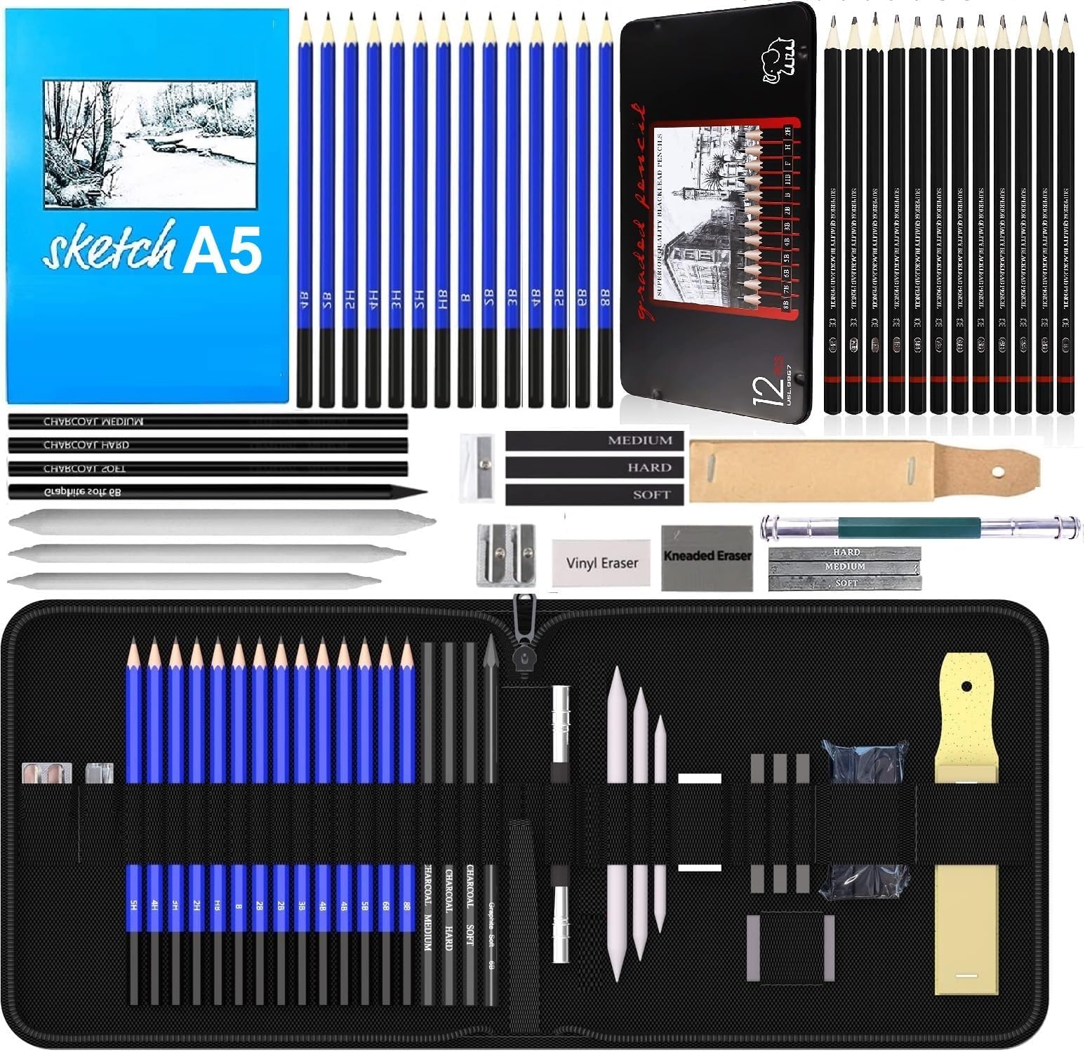 Corslet 47 Pieces Pencil Kit Professional Graphite Charcoal Sketch Kit Drawing Pencils and Sketching Kit for Artist Painting Shading Sketch Book with Zipper Carry Bag Drawing Kit